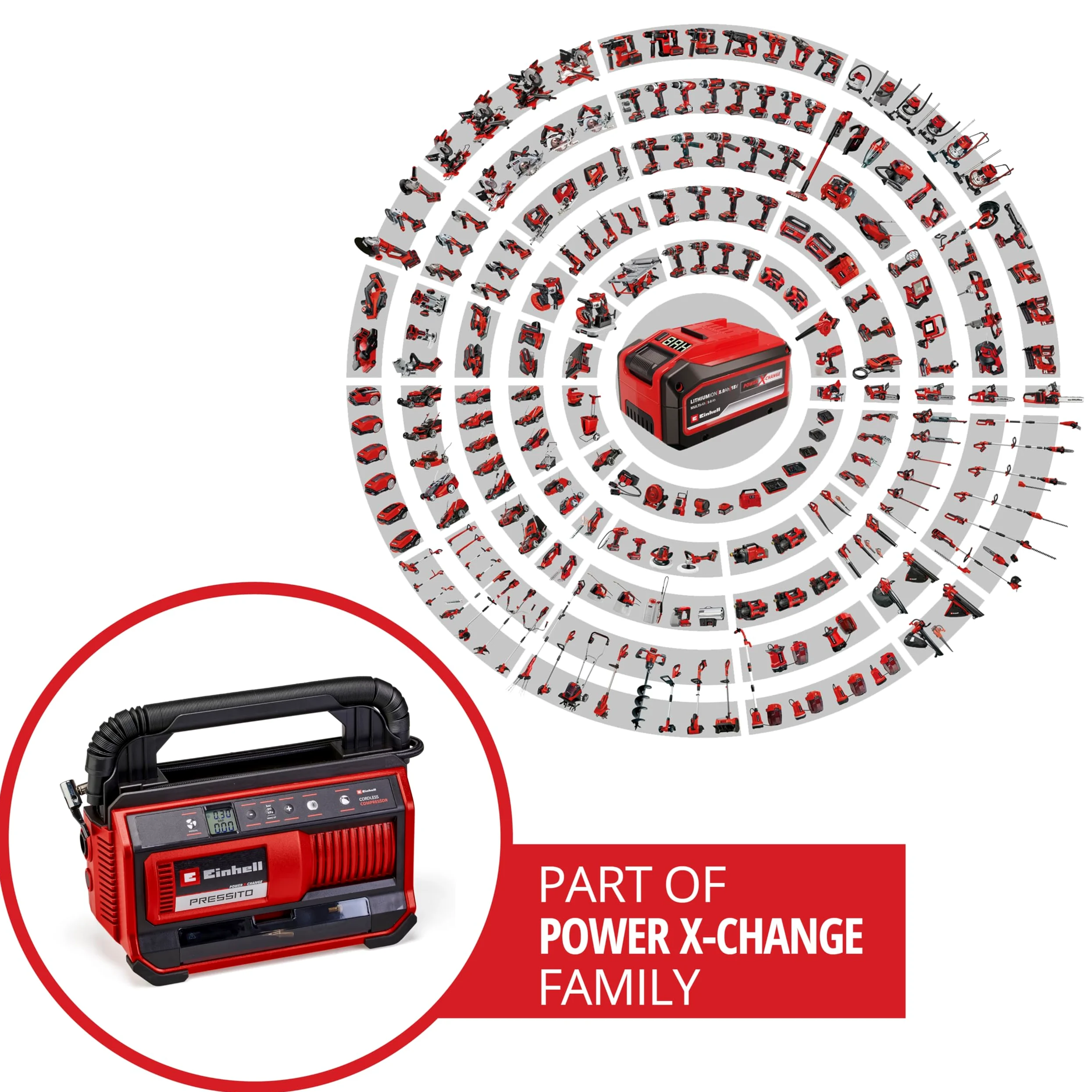 Einhell Compressore a batteria PRESSITO 18/25 Power X-Change(18 V, max. 11 bar, incl. kit 3 adattatori, incl. tubo flessibile alta press. 71 cm e tubo flessibile bassa press. 1,6 m, senza batteria)
