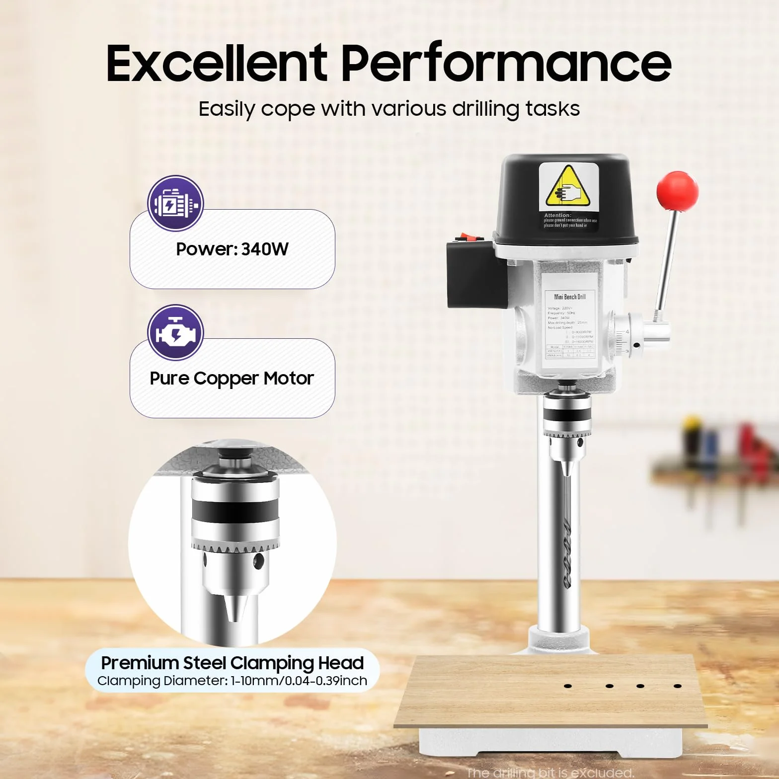 Mini trapano a colonna 340 W, trapano portatile da tavolo in ghisa e acciaio color argento/nero, per lavorazione del legno, modellismo fai da te e banco da lavoro
