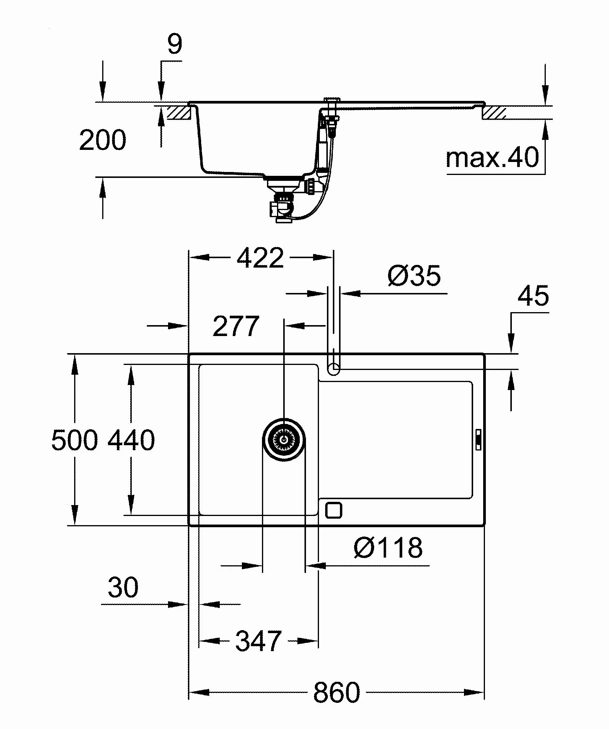 Grohe K500 Lavello in Materiale Composito con Gocciolatoio, Vasca Singola e Gocciolatoio, Granite Black, 86 x 50 cm