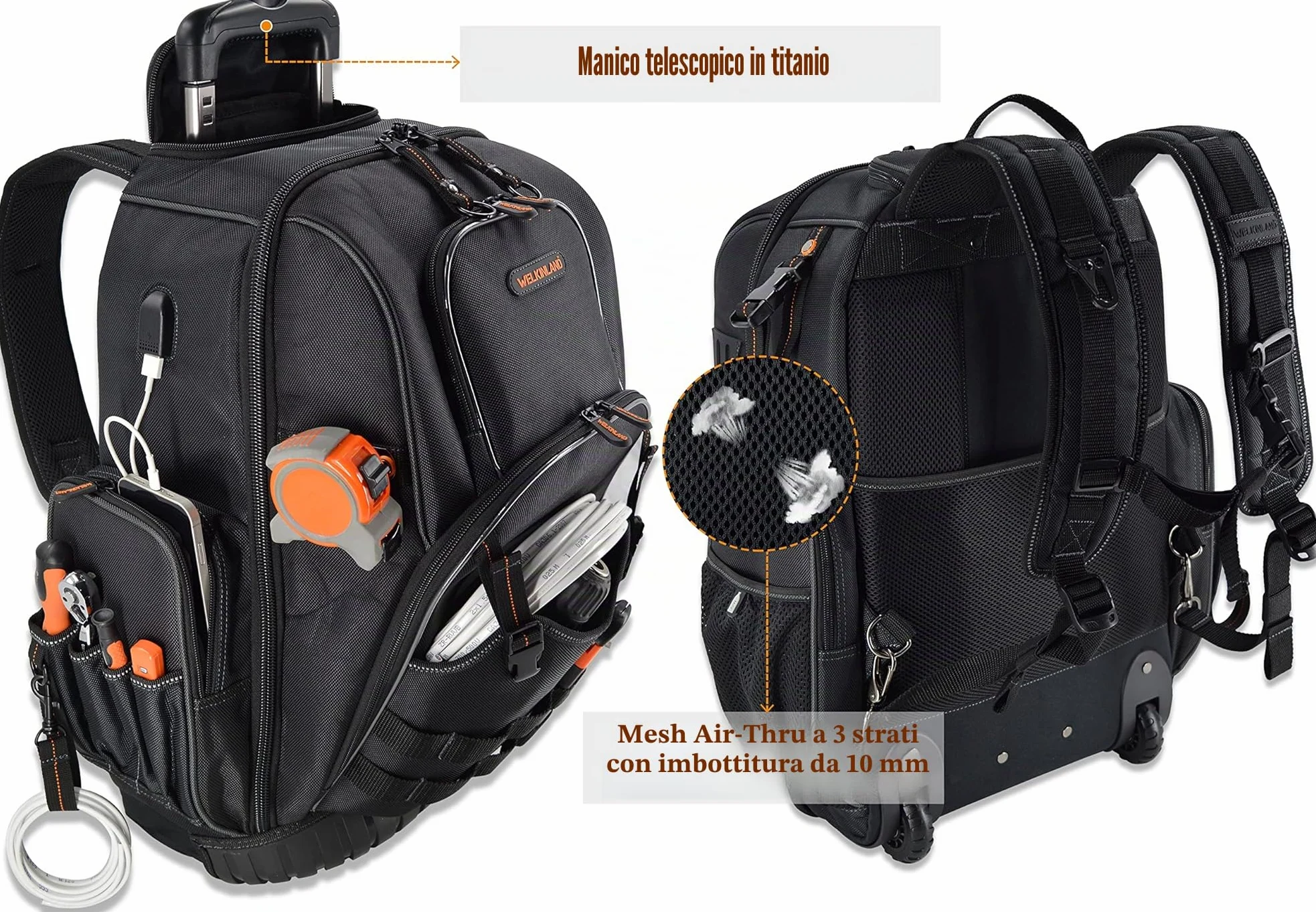 WELKINLAND Zaino porta attrezzi con 72 tasche e rotelle, Grande borsa porta attrezzi con ruote, Borsa porta attrezzi per elettricisti con rotelle per uomini