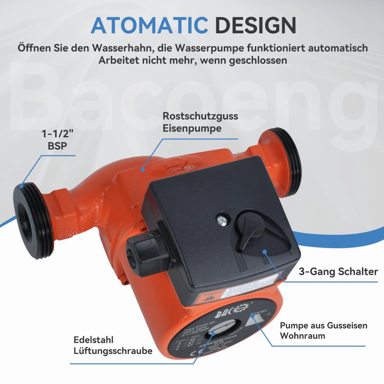BACOENG Pompa di Circolazione Pompa di Riscaldamento RS 25/6-180 Circolatore Pompa Acqua per Riscaldamento Centralizzato 220V/50 Hz