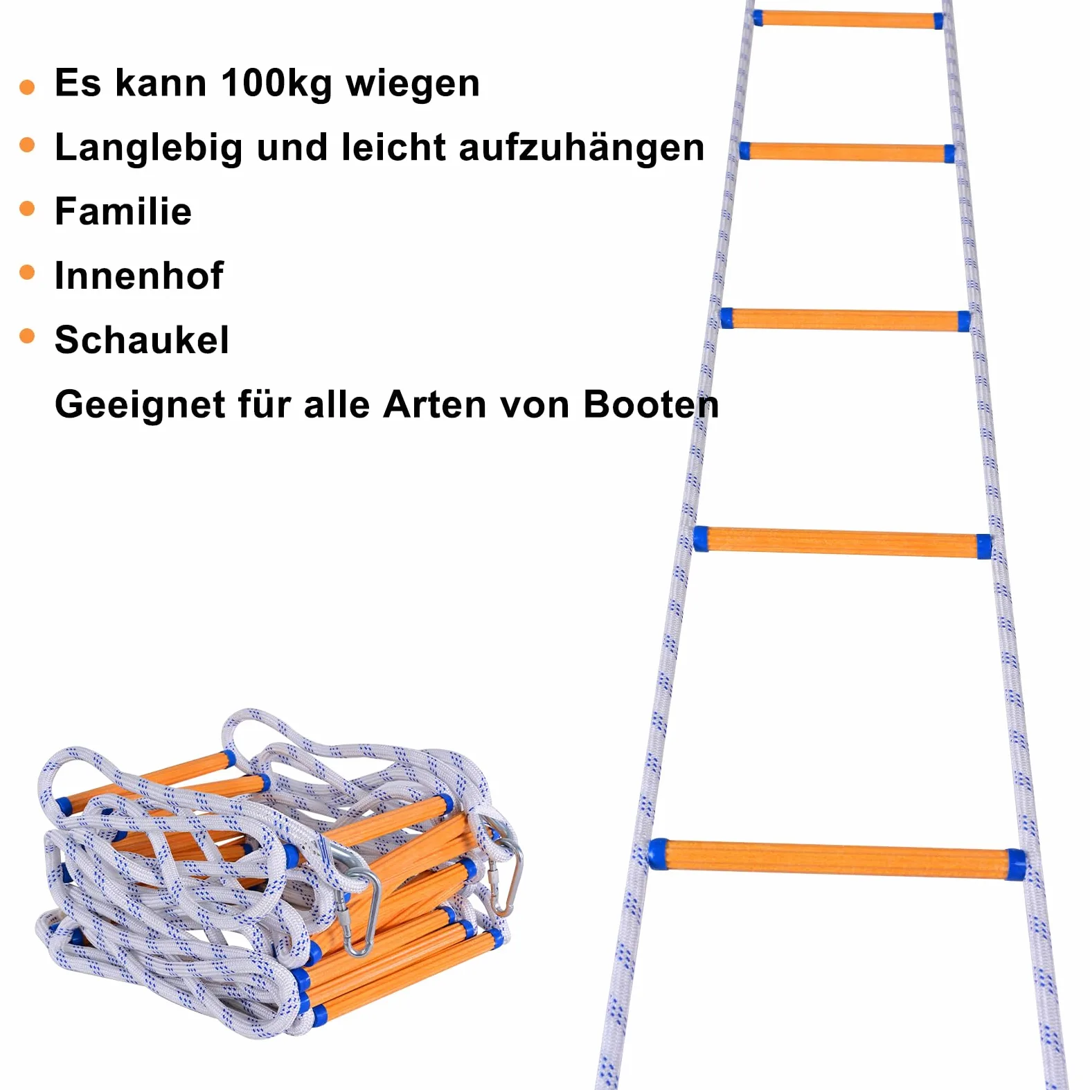 Scala di Corda, Scale di Emergenza 15M Scaletta di Corda di Sicurezza Portatile Scala Pieghevole con 2 Ganci per Finestra Balcone e Ringhiera per Bambini Adulti (10mm)