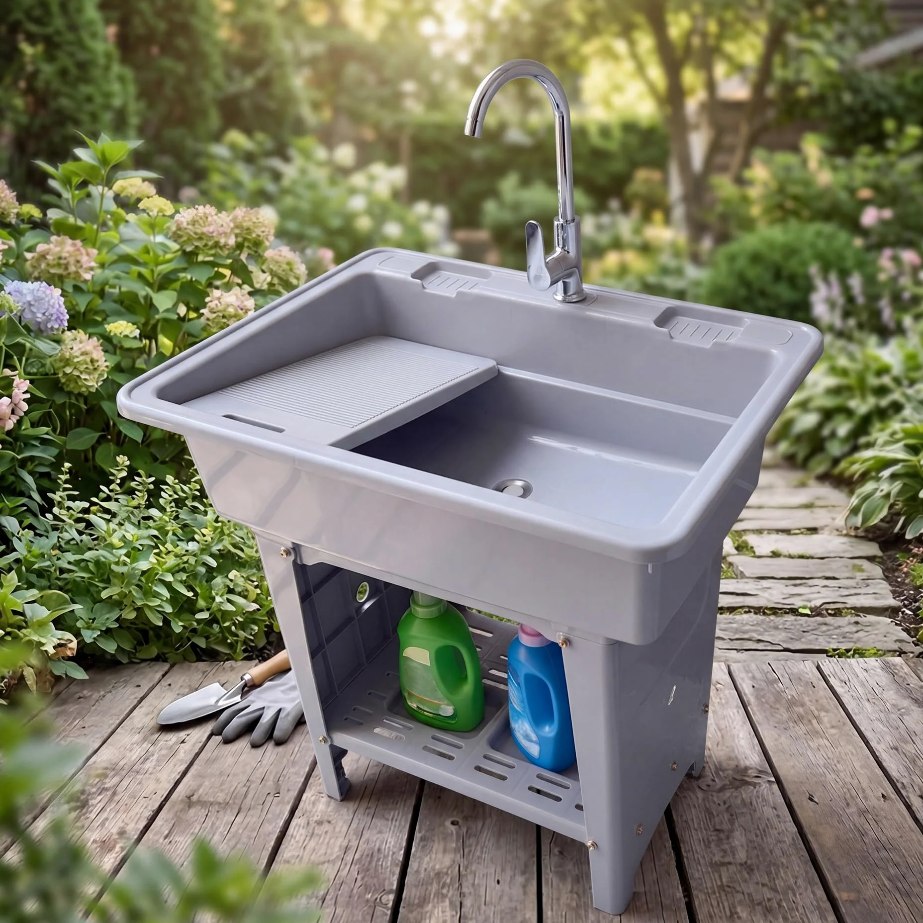 Lavatoio da Esterno in Plastica PP, 80X58X80CM Mobile Lavandino da Lavanderia Portatile, Lavello Biancheria Indipendente, Lavabo Lavapanni con Asse Rimovibile, per Interno, Garage, Giardino, Cantina