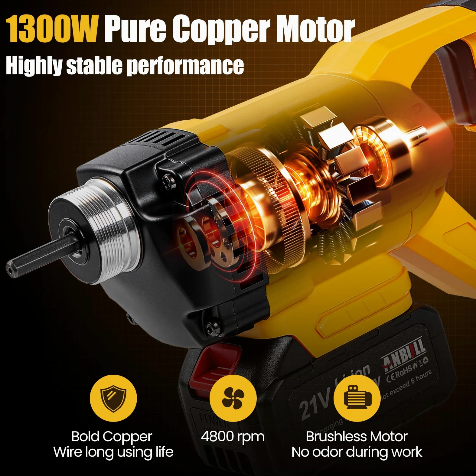 Anbull Vibratore per Calcestruzzo a batteria 2 m, 21V Vibratore per Cemento, 2 * 3000 mAh, Velocità di rotazione: 4800 giri/minuto, Ampiezza: 0,9 mm, Concrete Vibrator