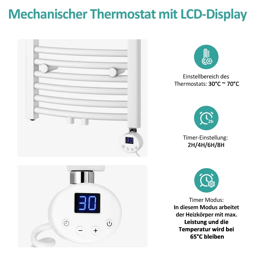 EMKE Barra riscaldante con termostato da 600 W, Colore Bianco, Elemento riscaldante per termosifoni da Bagno con Schermo LCD, Cartuccia riscaldante in Acciaio Inox, Adatta per radiatori