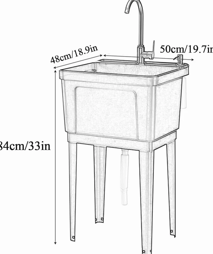 Lavandino autoportante in plastica resistente con rubinetto girevole e dispenser di sapone, grande stazione di lavaggio e drenaggio per lavanderia, cantina, garage (colore: bianco)