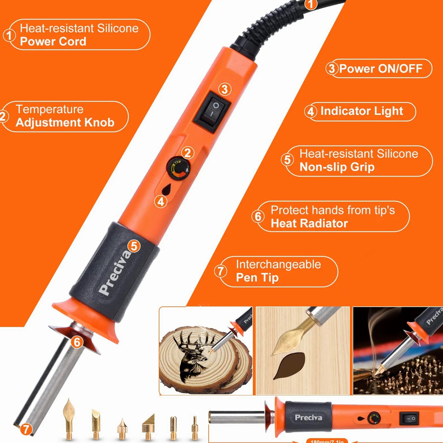 Preciva Pirografo per Legno 25W, Attrezzo per Saldatura Domicilio per Incisione, Incisore Elettrico Temperatura 300~500?, 6 Punte per Saldatore (Arancia)
