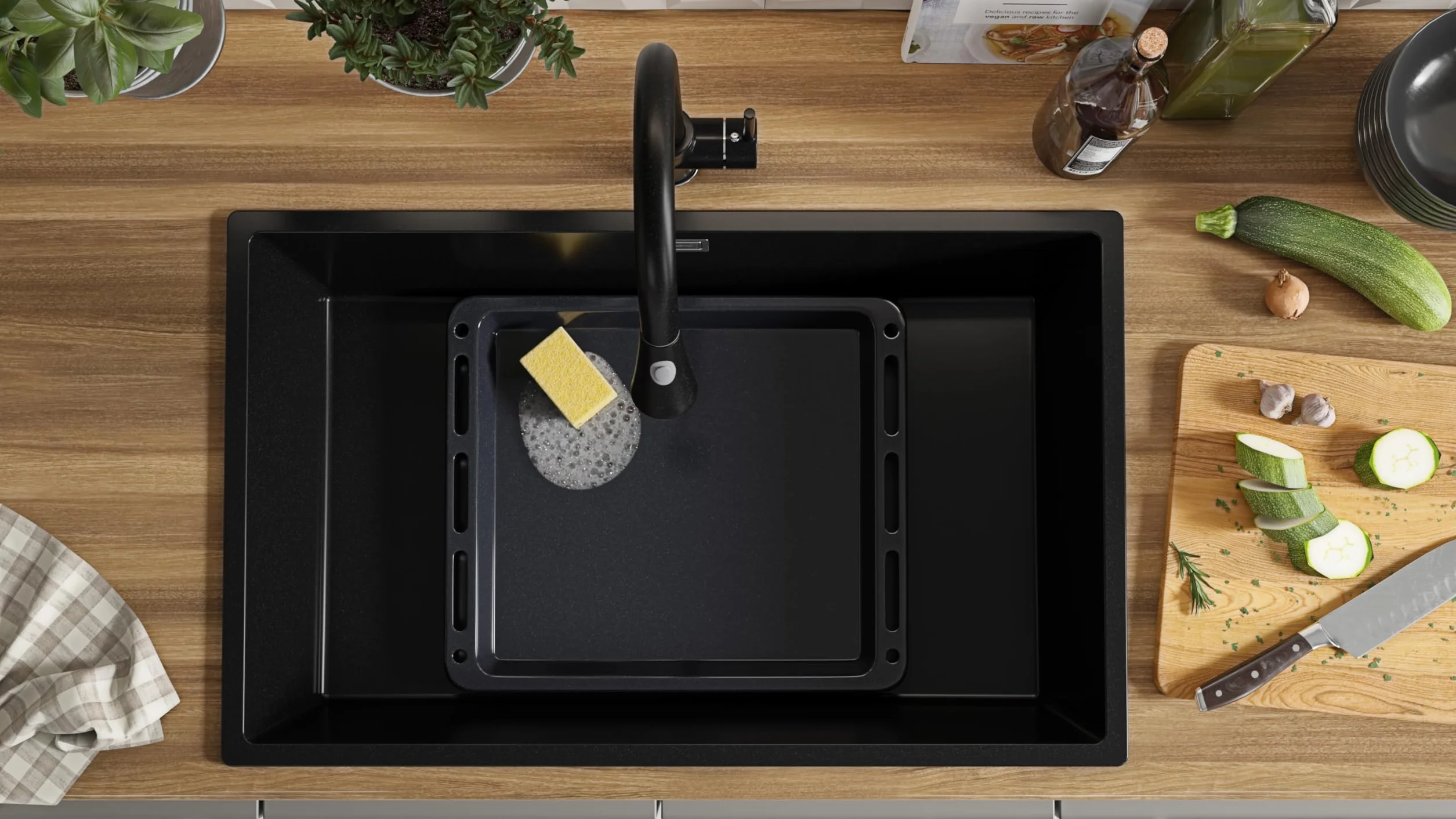 PRIMAGRAN Lavello da Cucina Nero 76x47cm, Lavandino in Granito a 1 vasca + Sifone Classico, Lavabo da Cucina Incasso al Mobile 80cm - London Slim S477