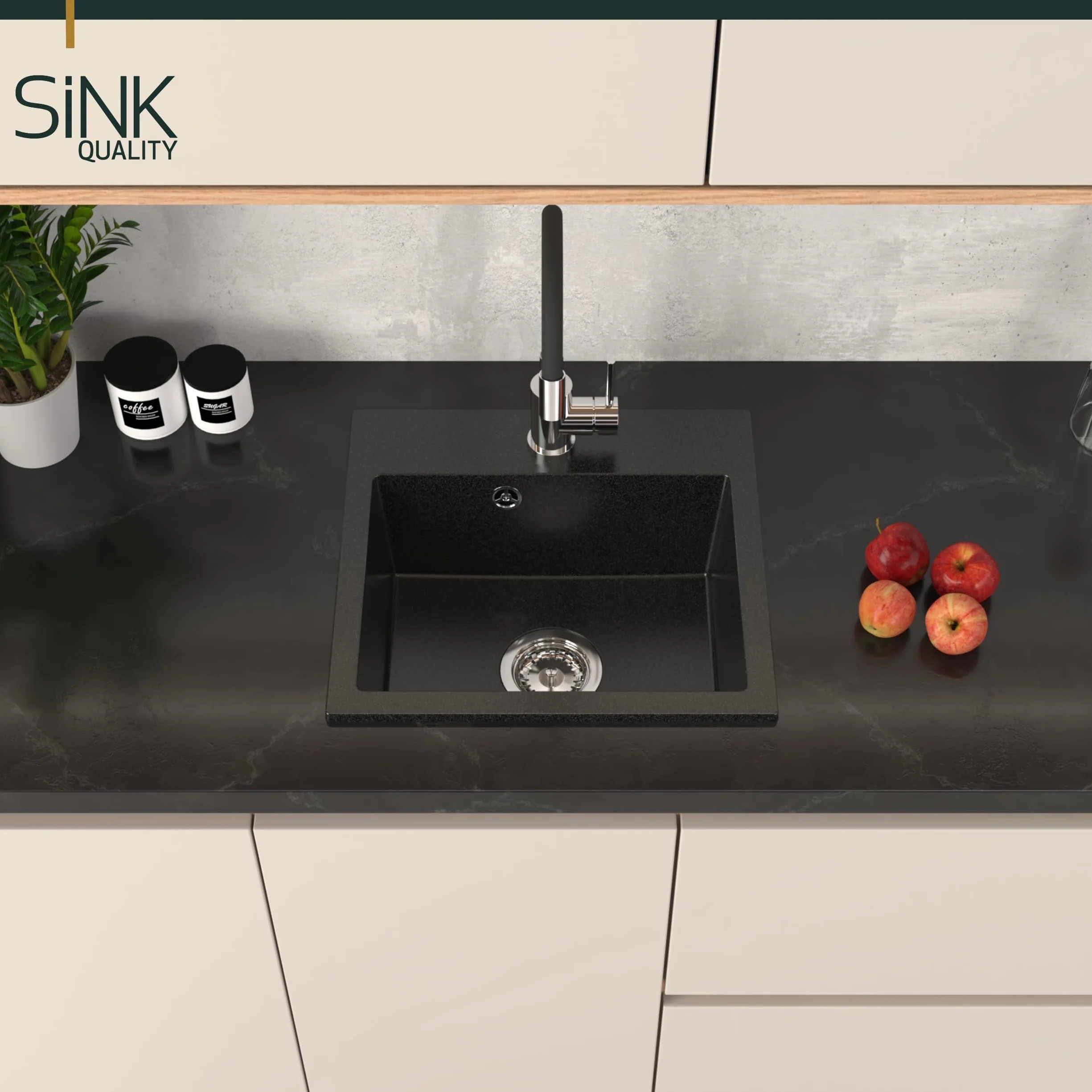 Lavello Sink Quality Beige con rubinetto, 45 × 42 cm, sifone e impregnazione, da incasso in granito, per mobiletto a partire da 45 cm
