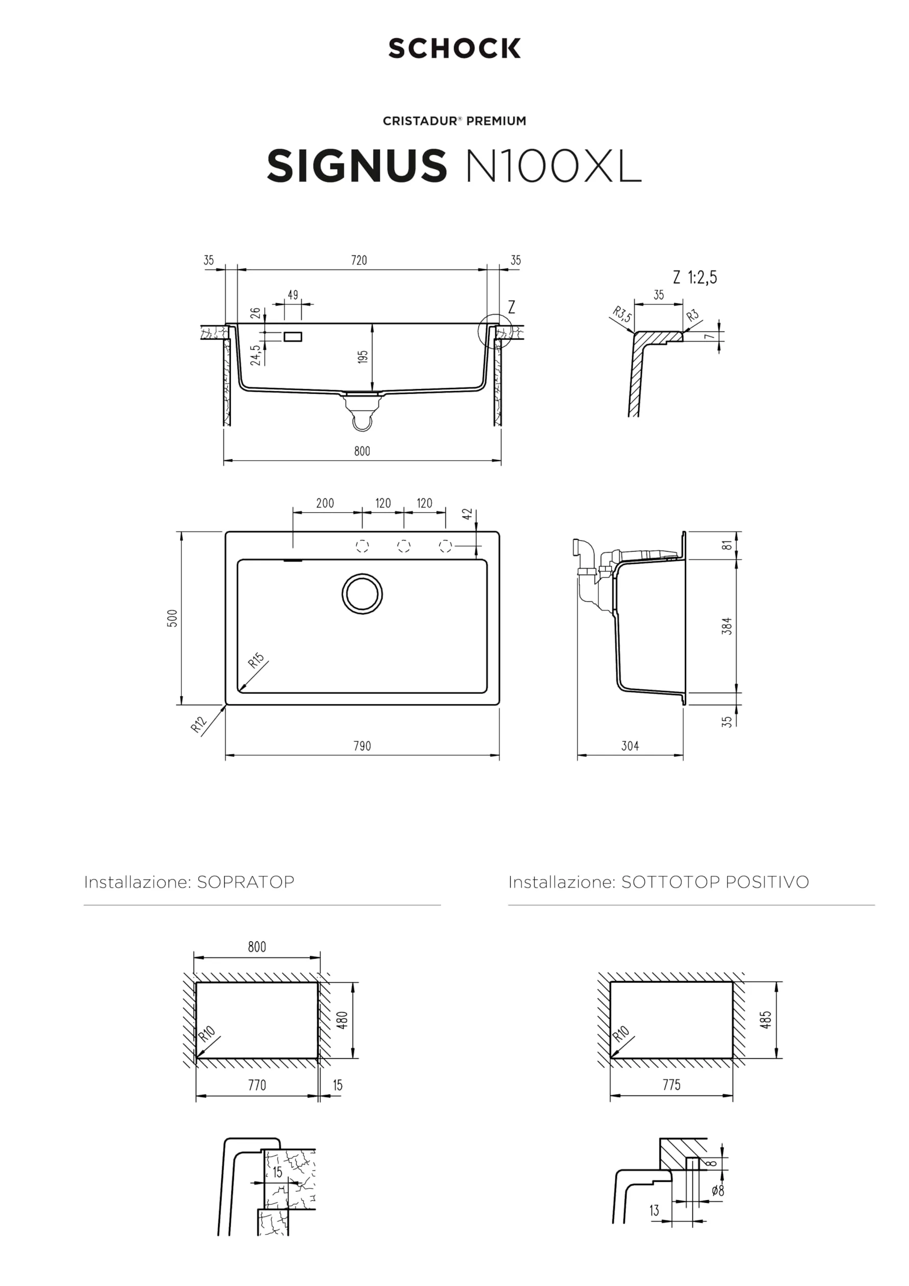 SCHOCK | Lavello Cucina Primus N100XL 1 Vasca XL con banco Rubinetteria, Materiale Cristalite®, Antracite, 790x500mm