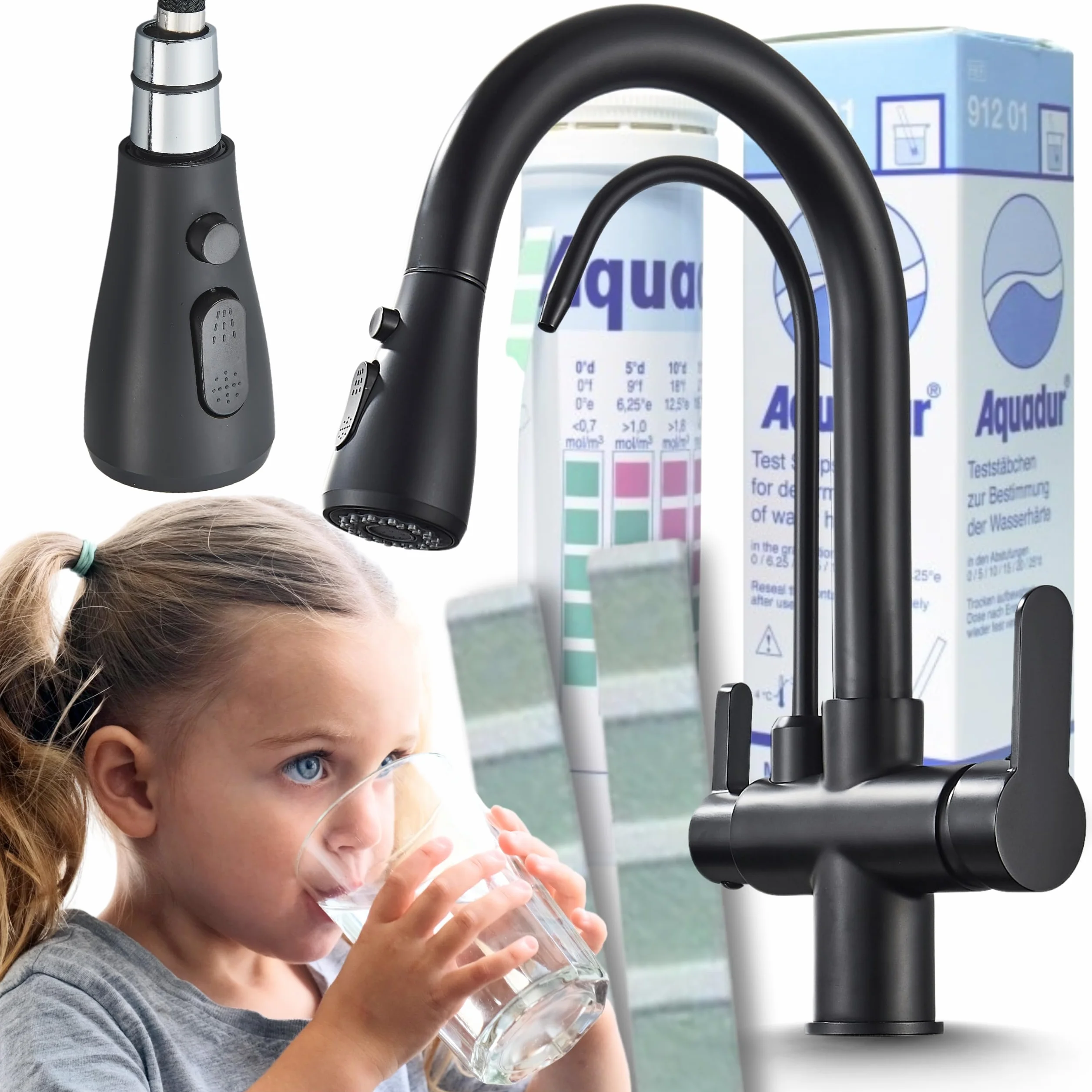Nordic - Rubinetto da cucina a 3 vie, con collegamento filtro dell'acqua, doccetta estraibile, girevole a 360°, vie d'acqua separate, 2 tipi di getto, cartuccia in ceramica, nero opaco
