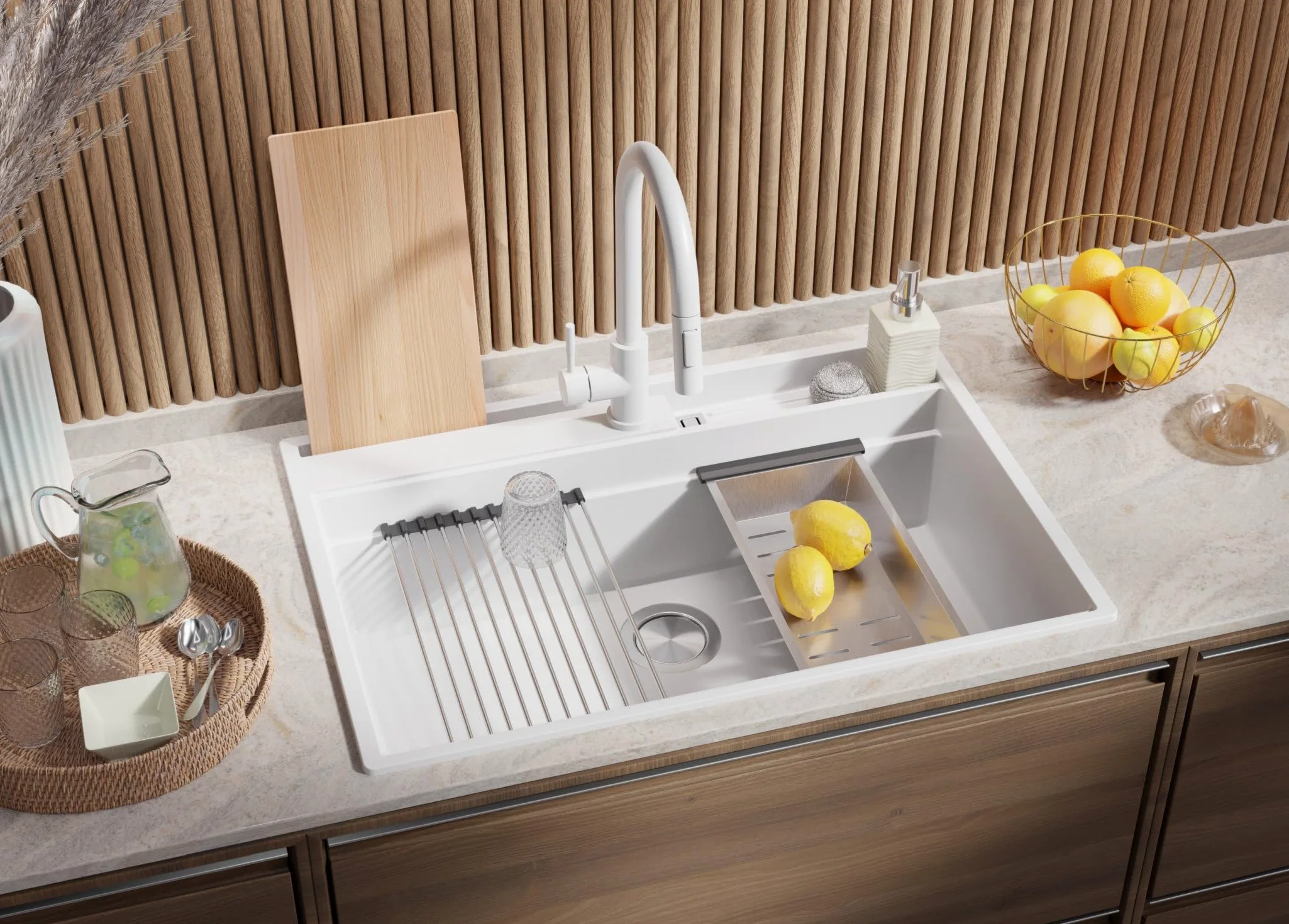 PRIMAGRAN Lavello da Cucina Bianco 78x53cm, Lavandino in Granito a 1 vasca + Sifone Classico, Lavabo da Cucina Incasso al Mobile 80cm - Oslo Pocket S336