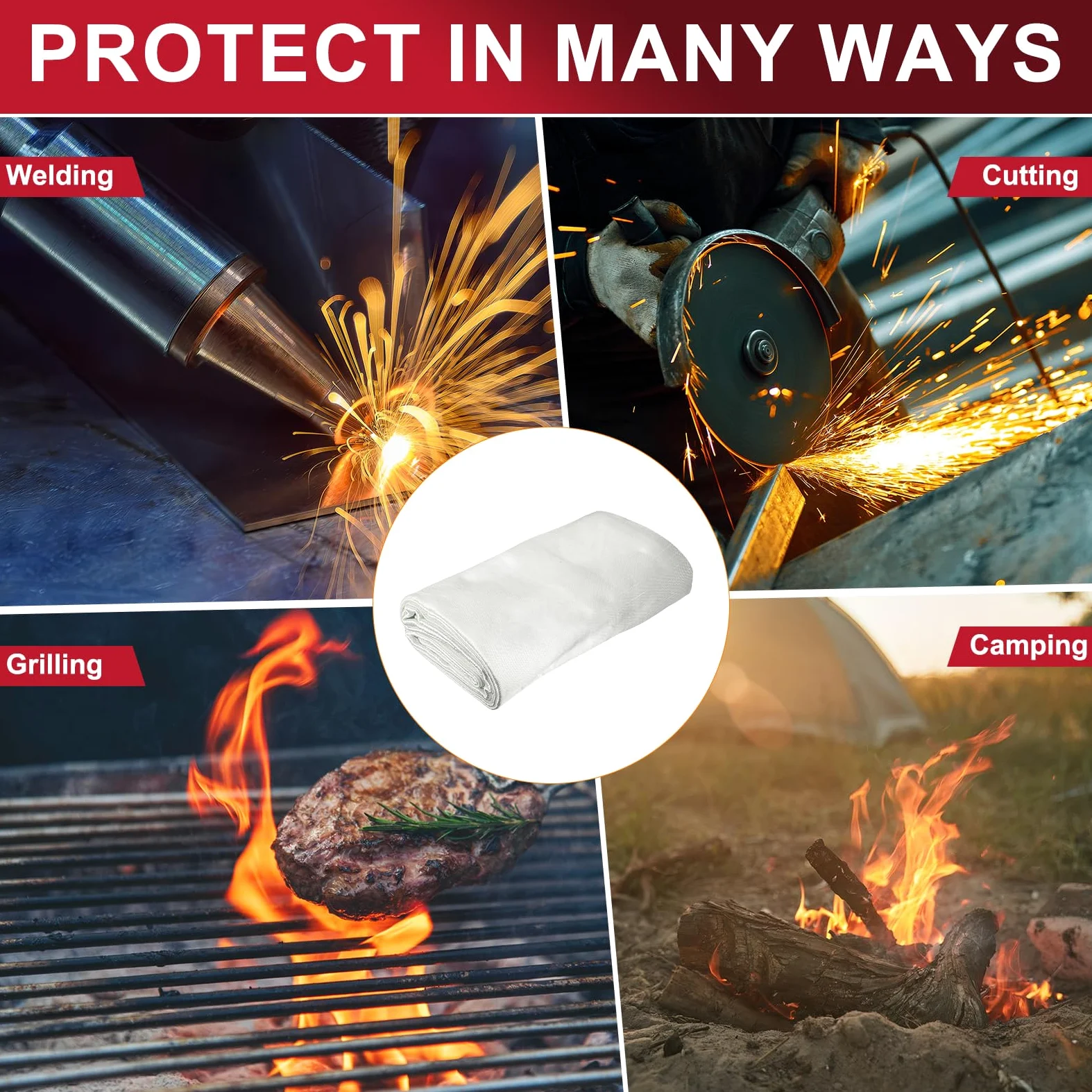 QUARKZMAN Coperta Antincendio Per Saldatura 304x304 Cm, Tessuto Resistente Al Calore In Fibre Di Vetro, Coperta Scudo Termico, Accessori Protettivi, Griglia, Spessore 0.8 Mm, Bianco