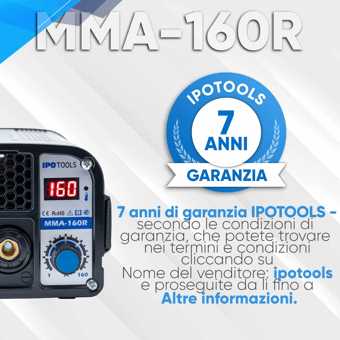 Saldatrice ad arco IPOTOOLS MMA-160R - Saldatrice ad arco DC MMA Inverter con 160 A/Display digitale / 230 V/Antistick/Hot Start/Arc-Force / 7 anni di garanzia