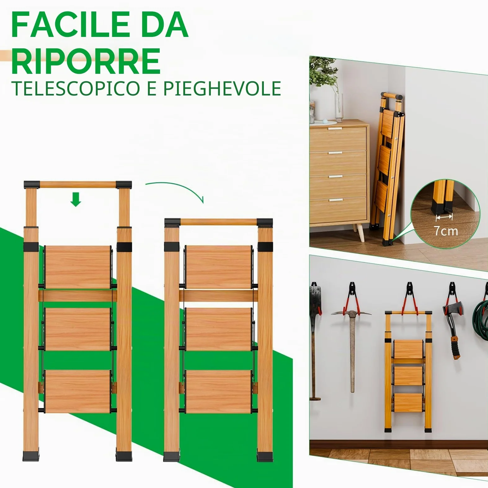 KULACO Scala multifunzione a 3 gradini antiscivolo, venature in legno, alluminio, fino a 150 kg