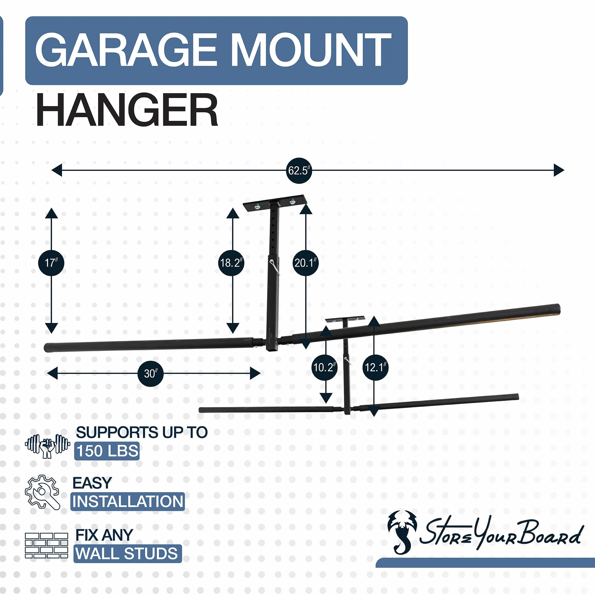 StoreYourBoard Doppio supporto da soffitto per SUP e surf, Hi Port 2, per casa e garage (XL (braccia da 76,2 cm)