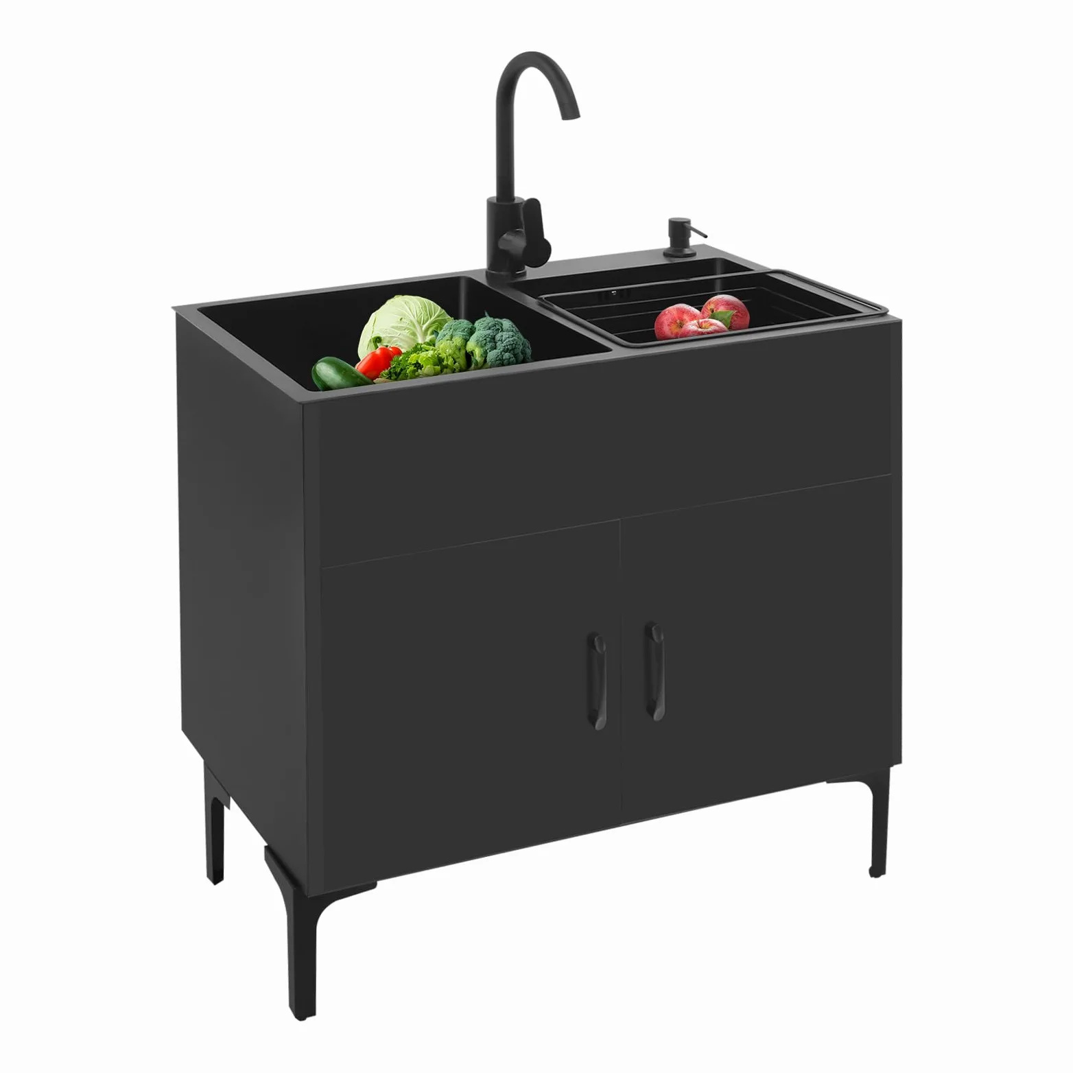 Lavello da cucina autoportante con base e rubinetto, in acciaio inox con 2 vasche scolapiatti e scarico, per cucina, giardino, esterno, officina, lavanderia, campeggio (nero)