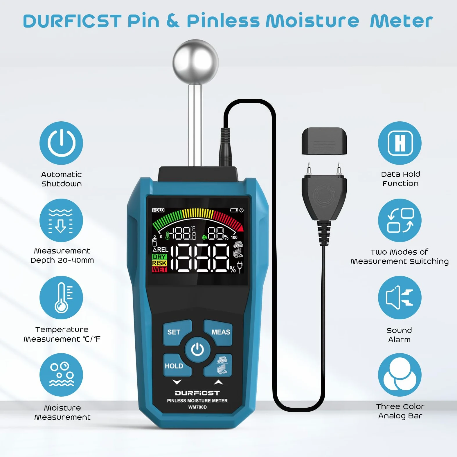 Misuratore di Umidità, DURFICST Igrometro Professionale,Misuratore Umidità Muri con LCD a Colori e Allarme Acustico, Profondità di Analisi 20-40 mm,per Legni, Parete, Pavimenti, Legno, Gesso