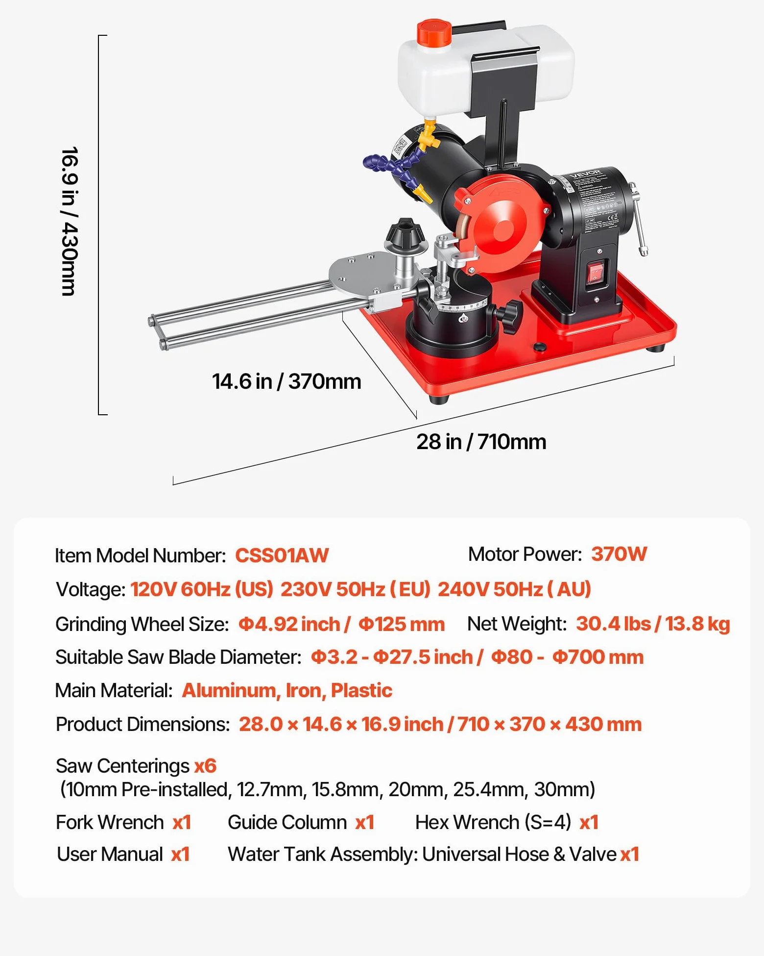 VEVOR Affilatrice per Lame Circolari con Serbatoio d'Acqua 370 W, Affilatrice Dischi da Seghe Circolari 2890 giri/min Diametro 80-700 mm, Mola da 125 mm, 6 Punti di Centraggio, Lavorazione del Legno