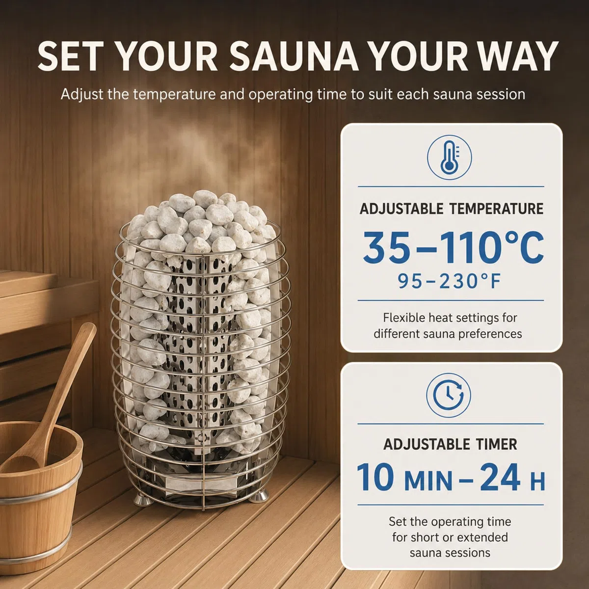 Stufa Sauna Elettrica, Colonna Inox con Cestello Aperto, 3kW 6kW