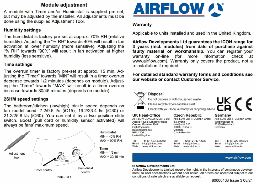 Airflow iCON HTM – Modulo Plug-in con Sensore di Umidità Regolabile (40–90% UR), Timer Programmabile (2–45 min) e Attivazione con Corda per Ventilatori iCON 15, 30 e 60 – Garanzia di 3 Anni
