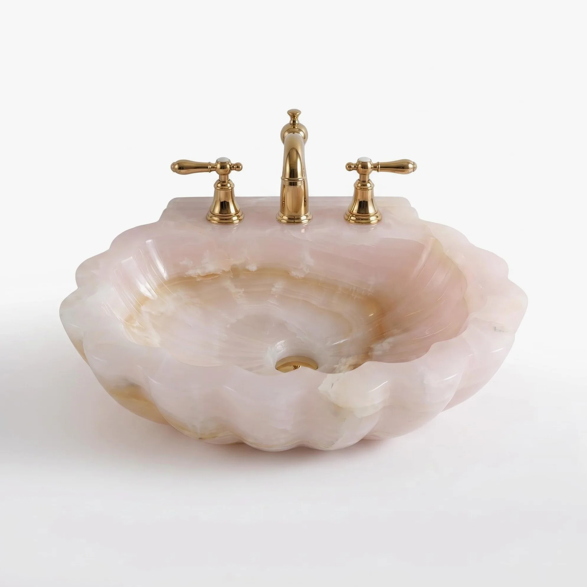 Lavandino da parete in onice rosa con design floreale