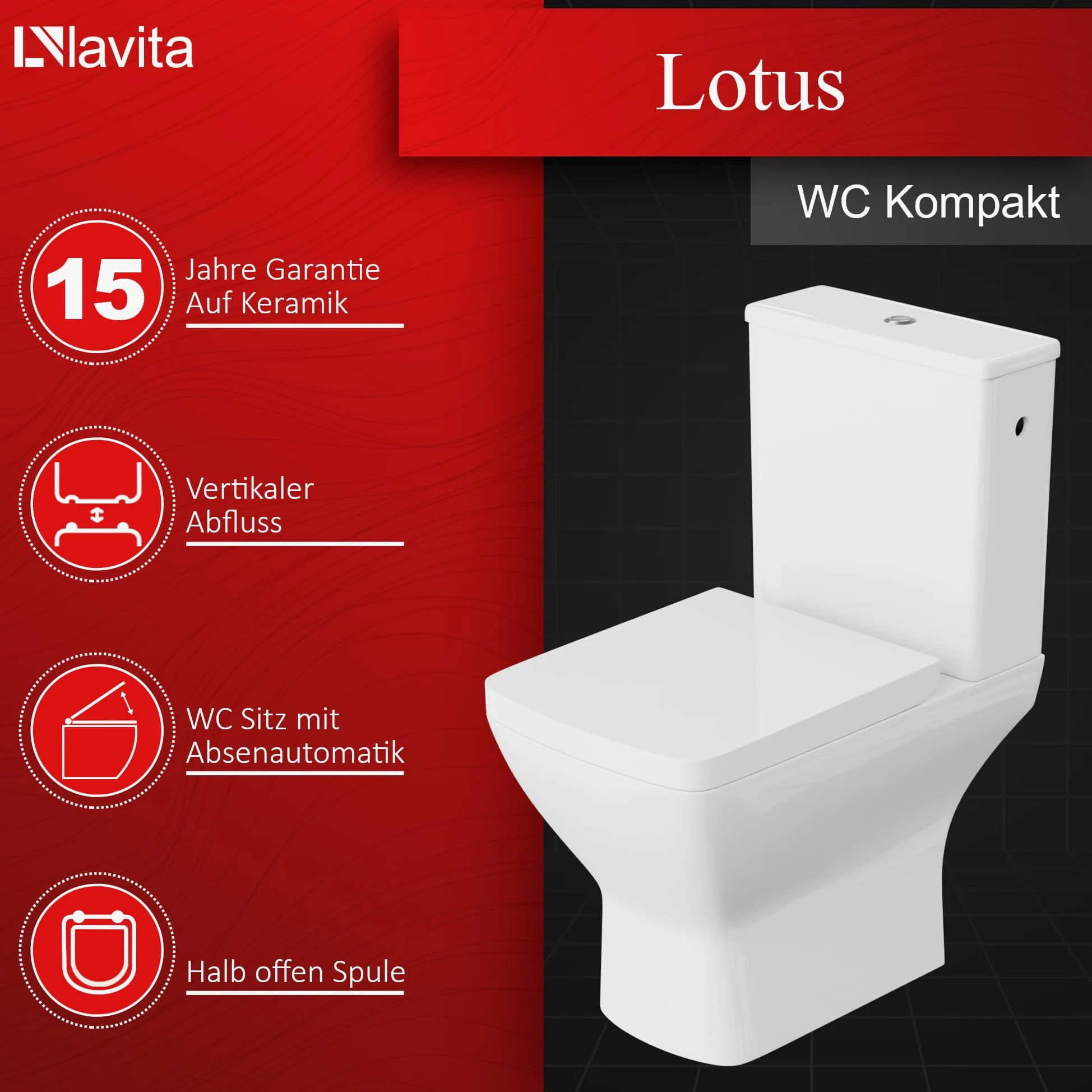 LAVITA WC a pavimento monopezzo con cassetta di risciacquo incorporata, coperchio WC con abbassamento automatico in ceramica, senza bordi