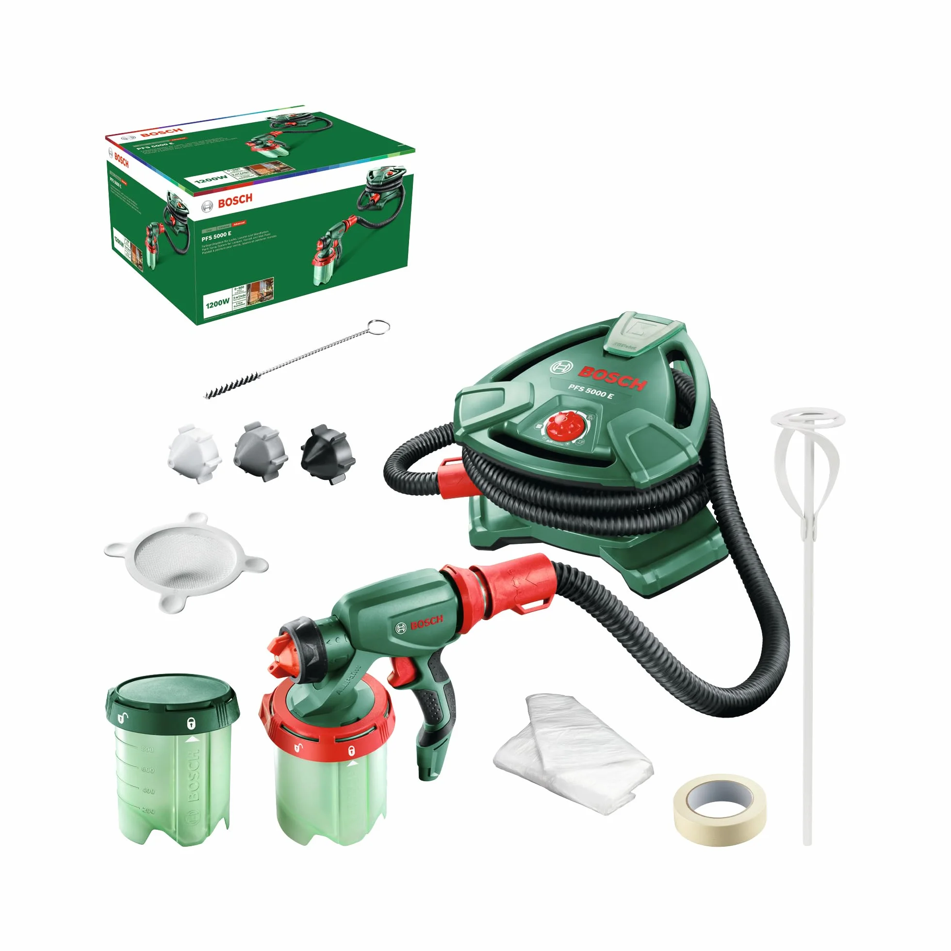 Bosch Home And Garden Pistola Per Verniciatura A Spruzzo Sistema Pfs 5000 E, 1200 W, Bocchette Per Pittura Murale, Vernici Trasparenti, Edizione Amazon, Grigio, Nero, 2 X Serbatoi Colore Da 1000 Ml