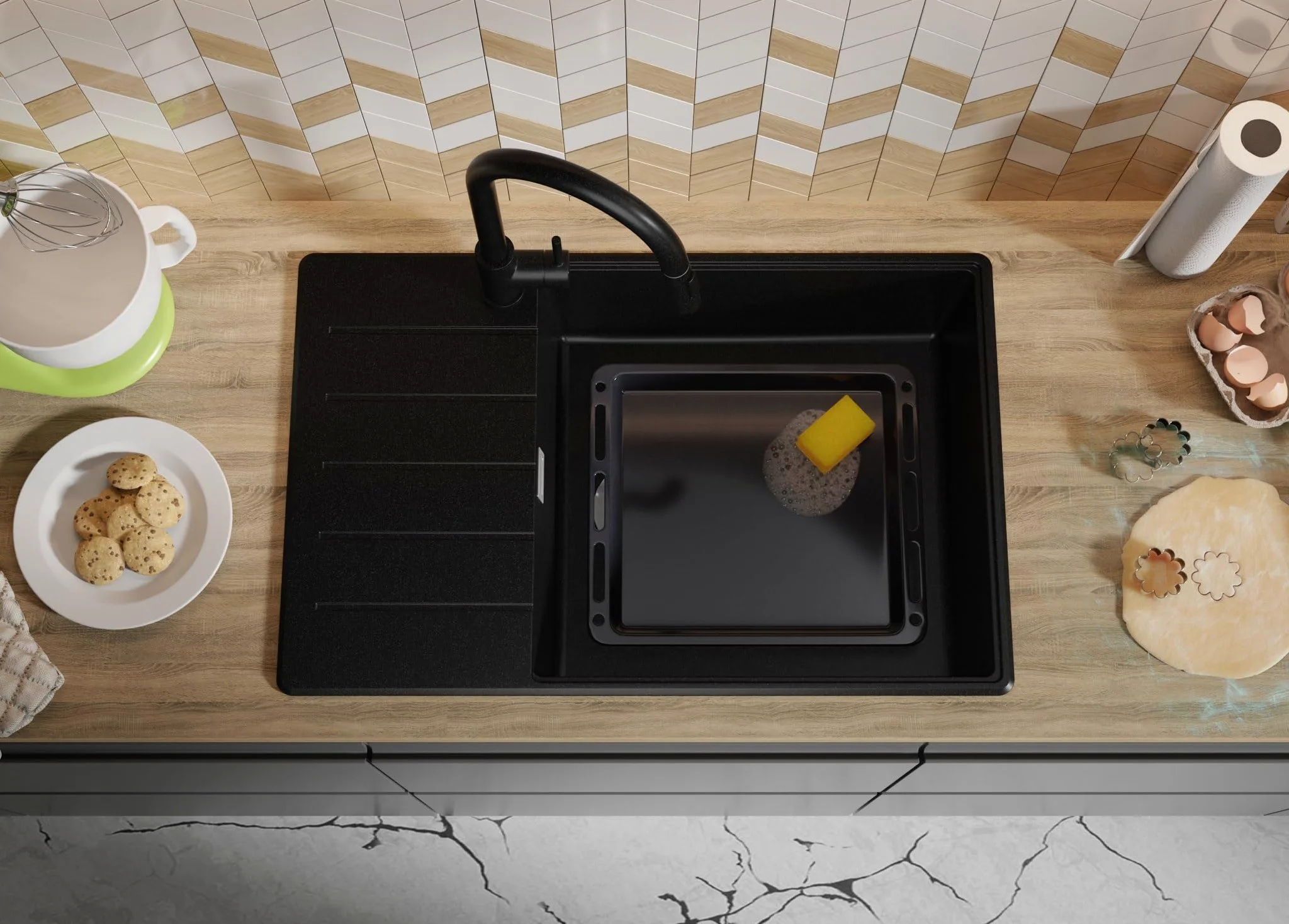 PRIMAGRAN Lavandino da Cucina Nero 78x50cm, Lavello in Granito a 1 vasca + Rubinetto 40x38cm + Set di accessori, Lavabo da Cucina Incasso al Mobile 60cm - Copenhagen Top S613