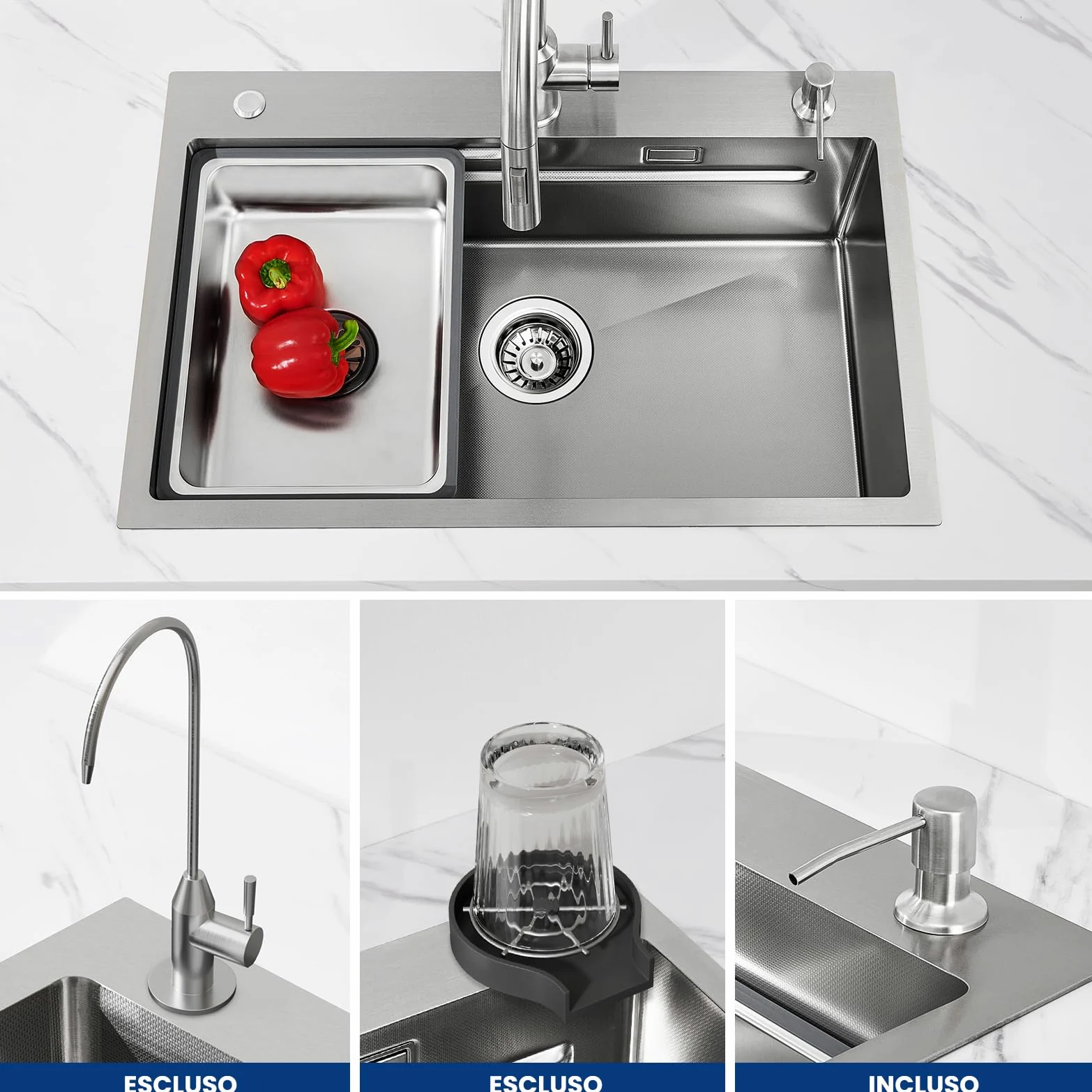 CECIPA Lavandino Cucina 70x45 CM, Lavello Cucina 1 Vasca con Dispenser Sapone, Lavabo Cucina con Vasca Mobile e Tagliere, Lavello in Acciaio Inox 201 con Sifone e Set di Drenaggio