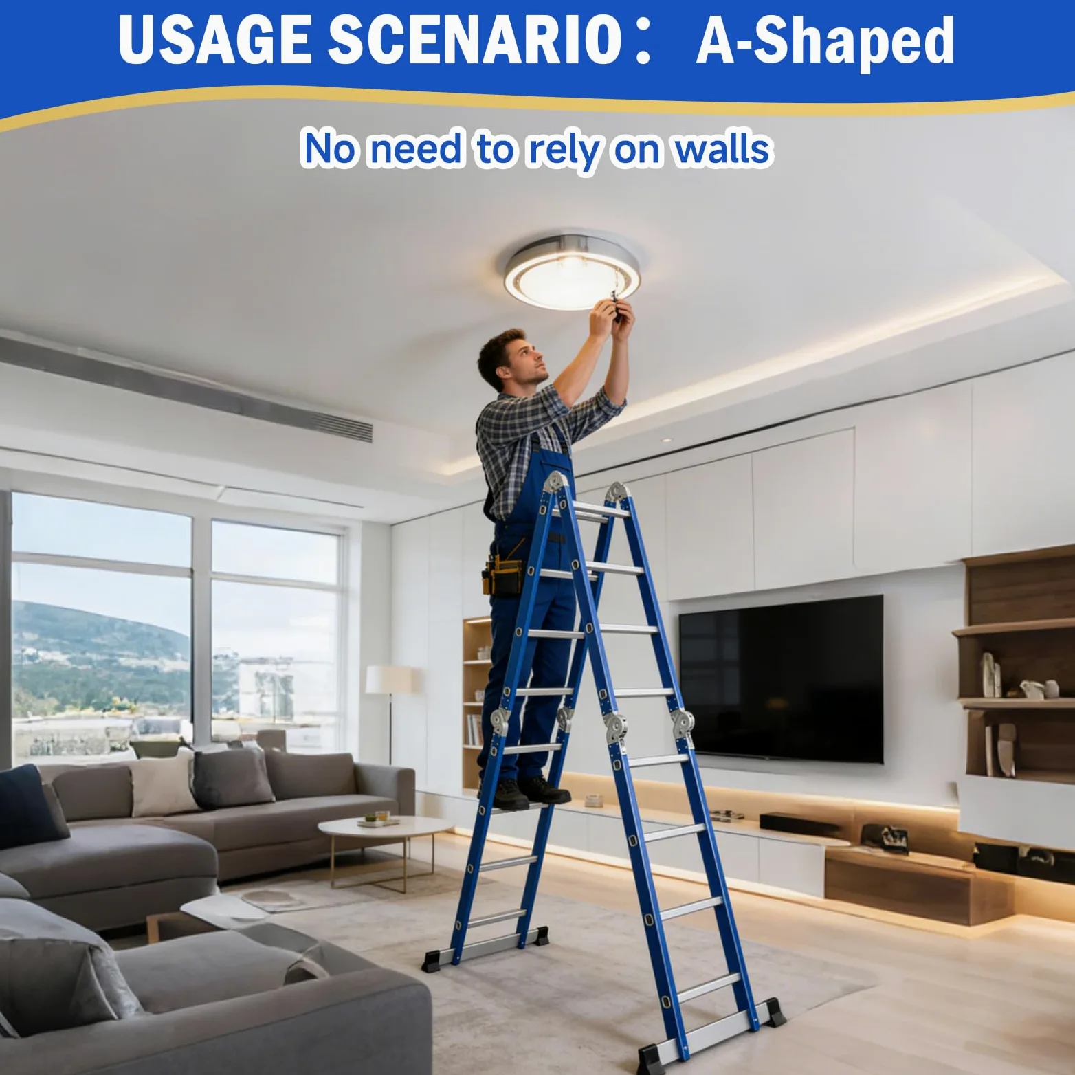 Scala Pieghevole Multiuso 7 in 1 in Alluminio - 4 x 4 Gradini, 464 cm, Scala Multifunzione per Uso Domestico Interno ed Esterno, 16 Gradini, Portata Massima 150 kg