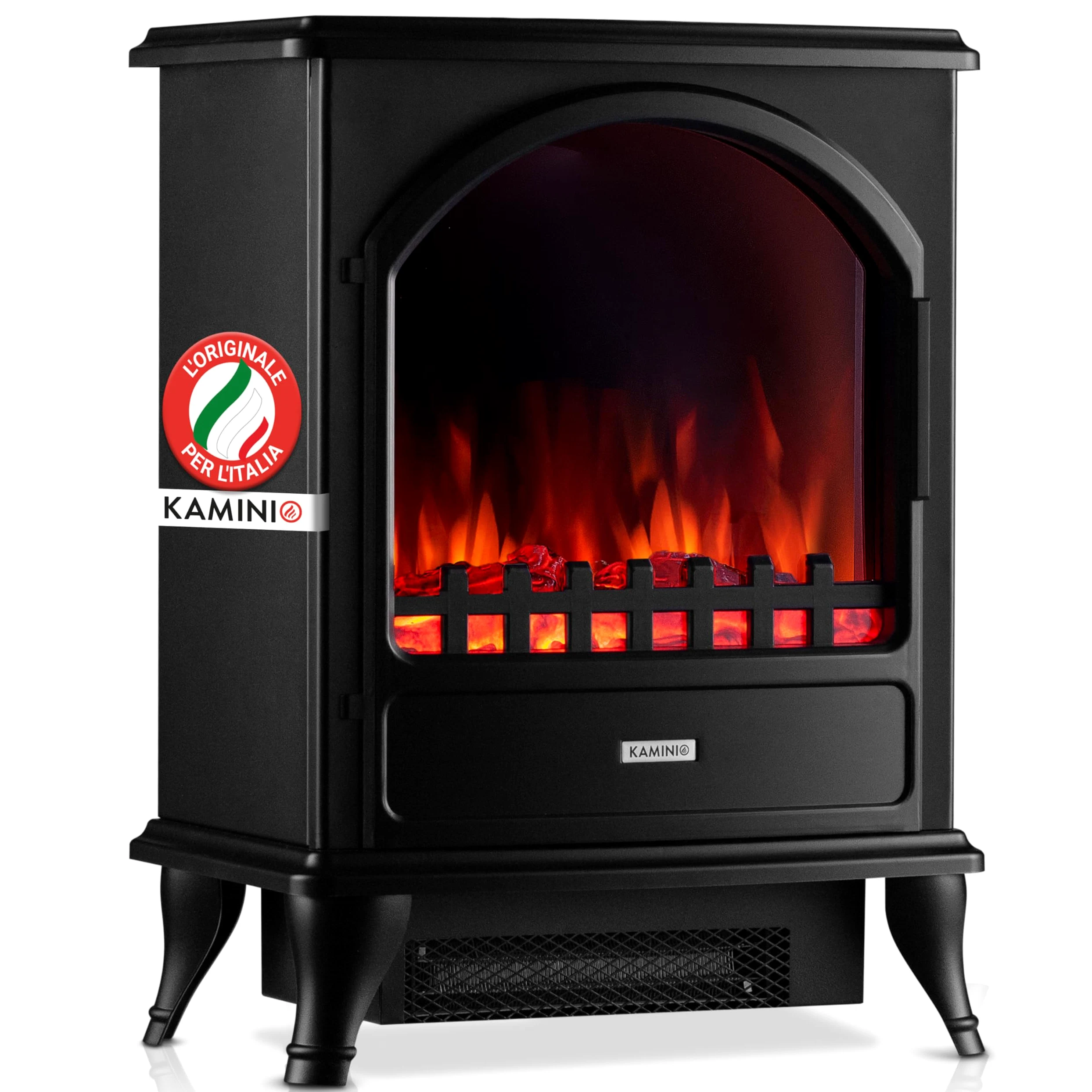 KAMINIO Camino elettrico Leni - Stufa elettrica con riscaldamento, effetto fiamma 3D (Nero)