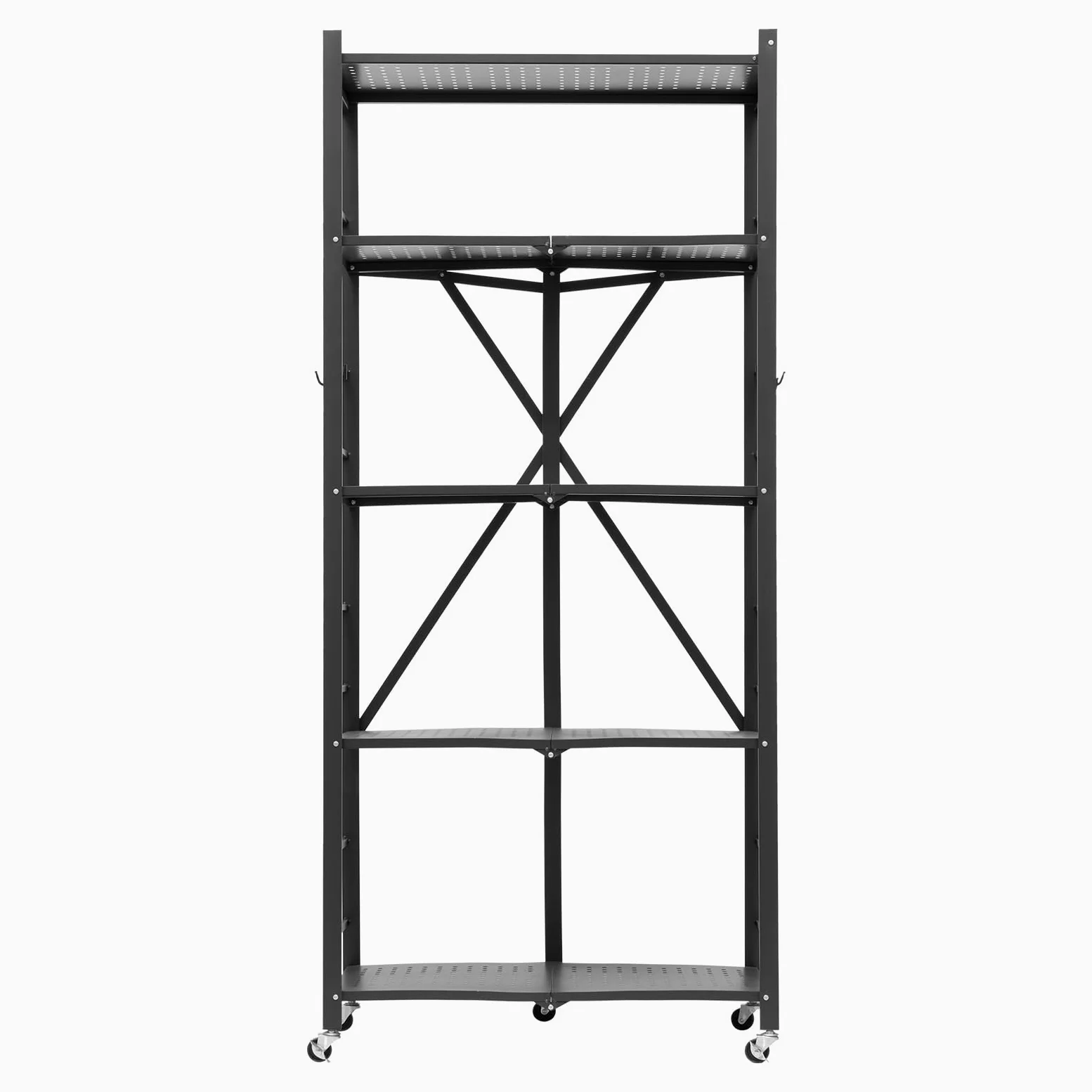 VEVOR Scaffale Portaoggetti Pieghevole a 5 Ripiani con Ruote, Scaffale in Metallo Pieghevole, Robusto Resistente Senza Montaggio, Ideale per Garage, Cucina, Cantina Nero 380 x 710 x 1630 mm