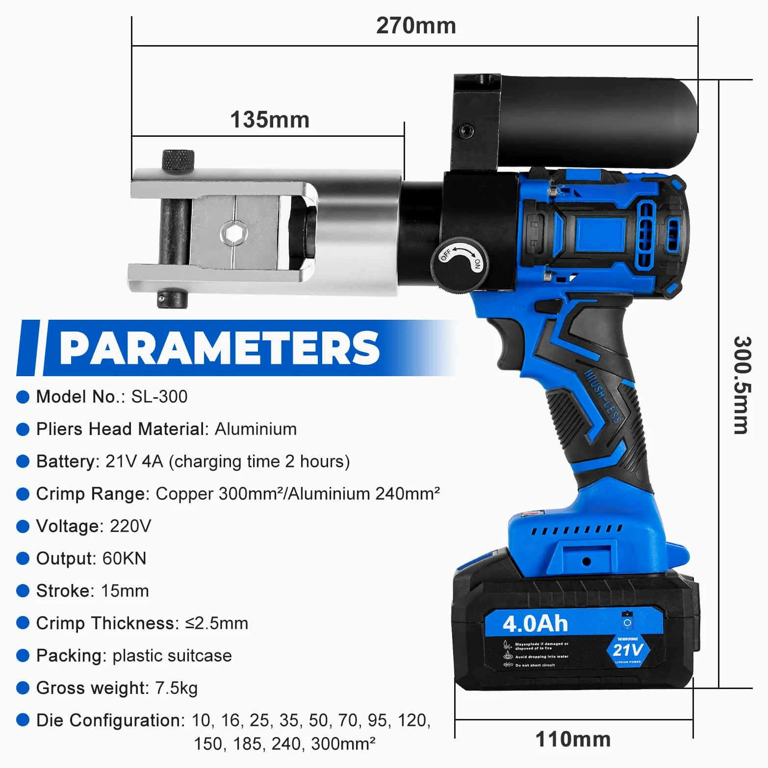 MXBAOHENG 60KN Pinza a crimpatrice idraulica ricaricabile 10-300 mm², 12 paia di matrici, Elettrica Pinze Idrauliche per Cavi Portatili Con 2 Batterie da 21 V 4 A per Capicorda In Rame e Alluminio