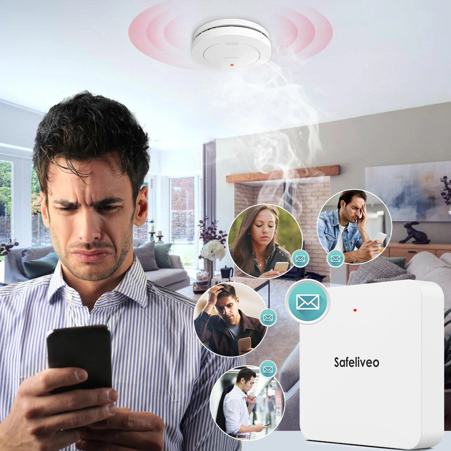 Safeliveo Rilevatore di fumo interconnesso WiFi, rilevatore di fumo con batteria da 10 anni, set da 5 con stazione base, certificato TUV Rheinland, set di allarme fumo con controllo tramite app
