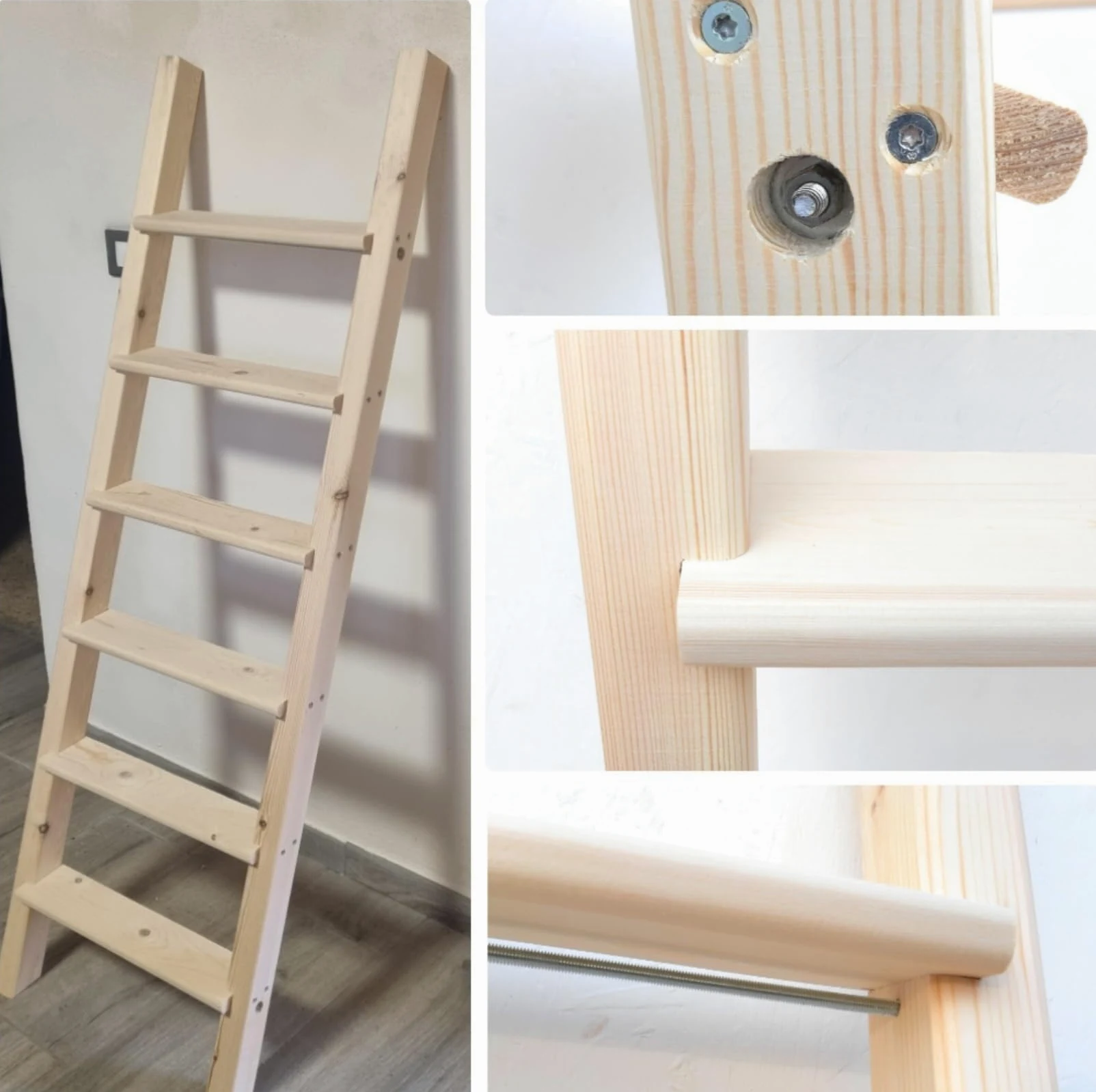 Scala a pioli in legno per soppalco letto a castello soffitta (Altezza cm 200, Larghezza cm 40)
