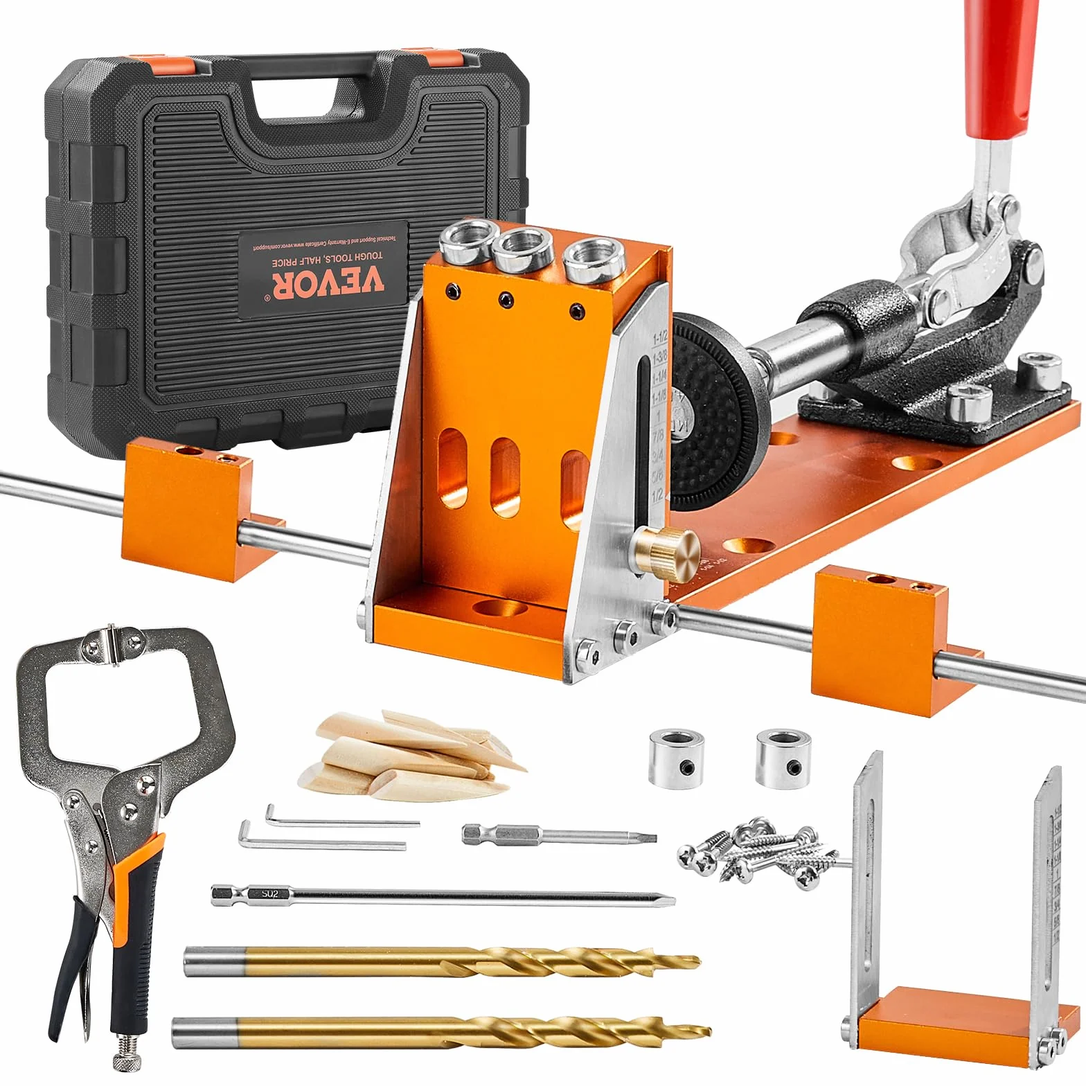 VEVOR Kit di Dime per Fori a Tasca 3 Fori Tascabili con Chiave Punte Quadrate, Set per Dima di Foratura per Fori Tascabili Fori Inclinati, Set per Dima Foratura Angolare Lavorazione Carpentieri 3,82kg