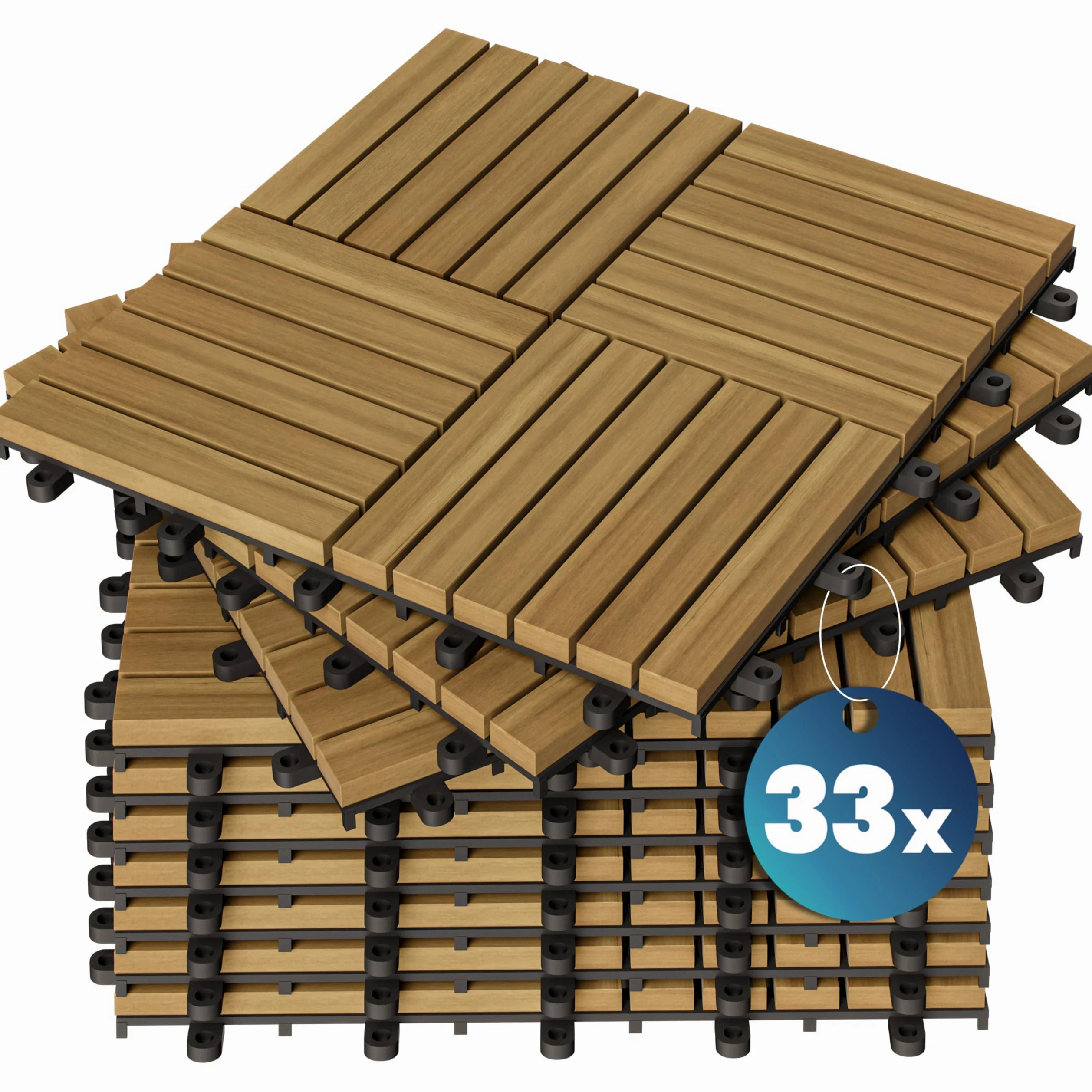 Casaria Piastrelle Legno Acacia 33pz Certificato FSC® Mattonelle 3m² ad Incastro 30x30cm Esterno Mosaico Quattro