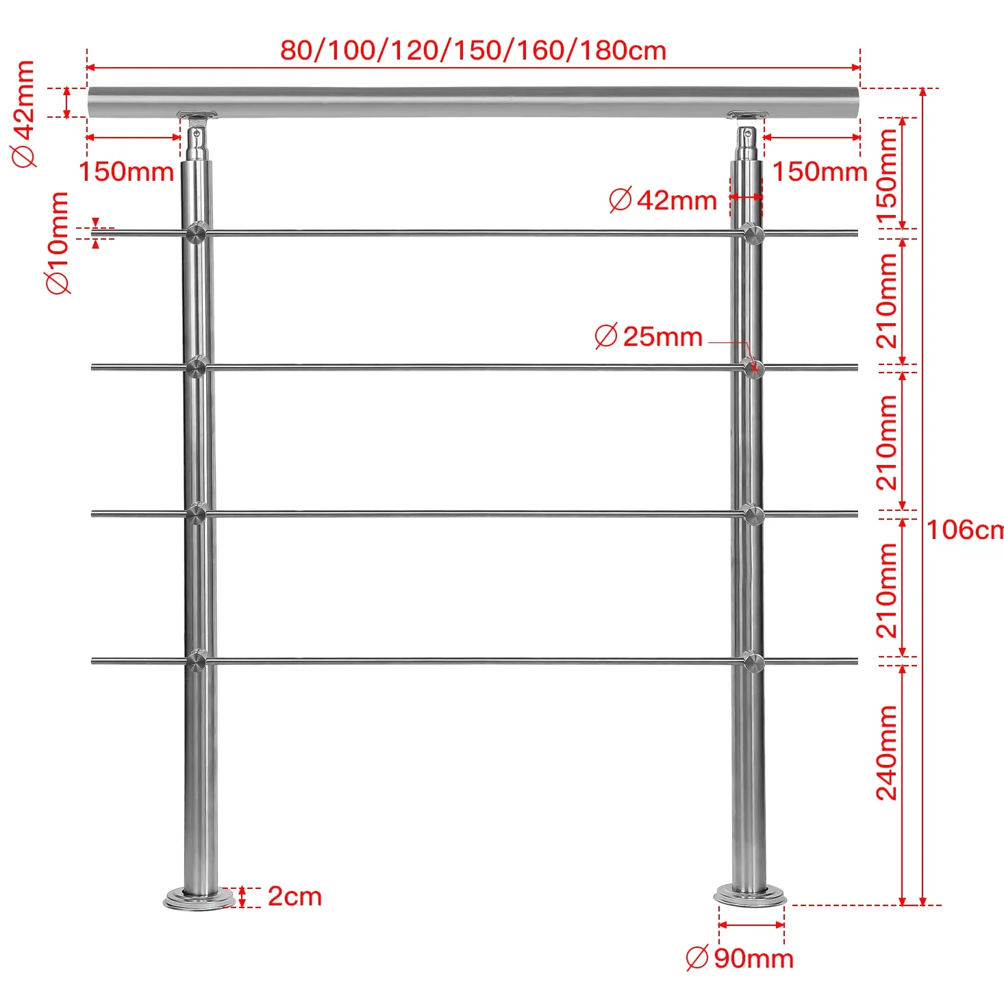 Corrimano in acciaio inox, ringhiera per scale, parapetto, balcone, 180 cm, con 4 barre trasversali Ø 42 mm, per interni ed esterni