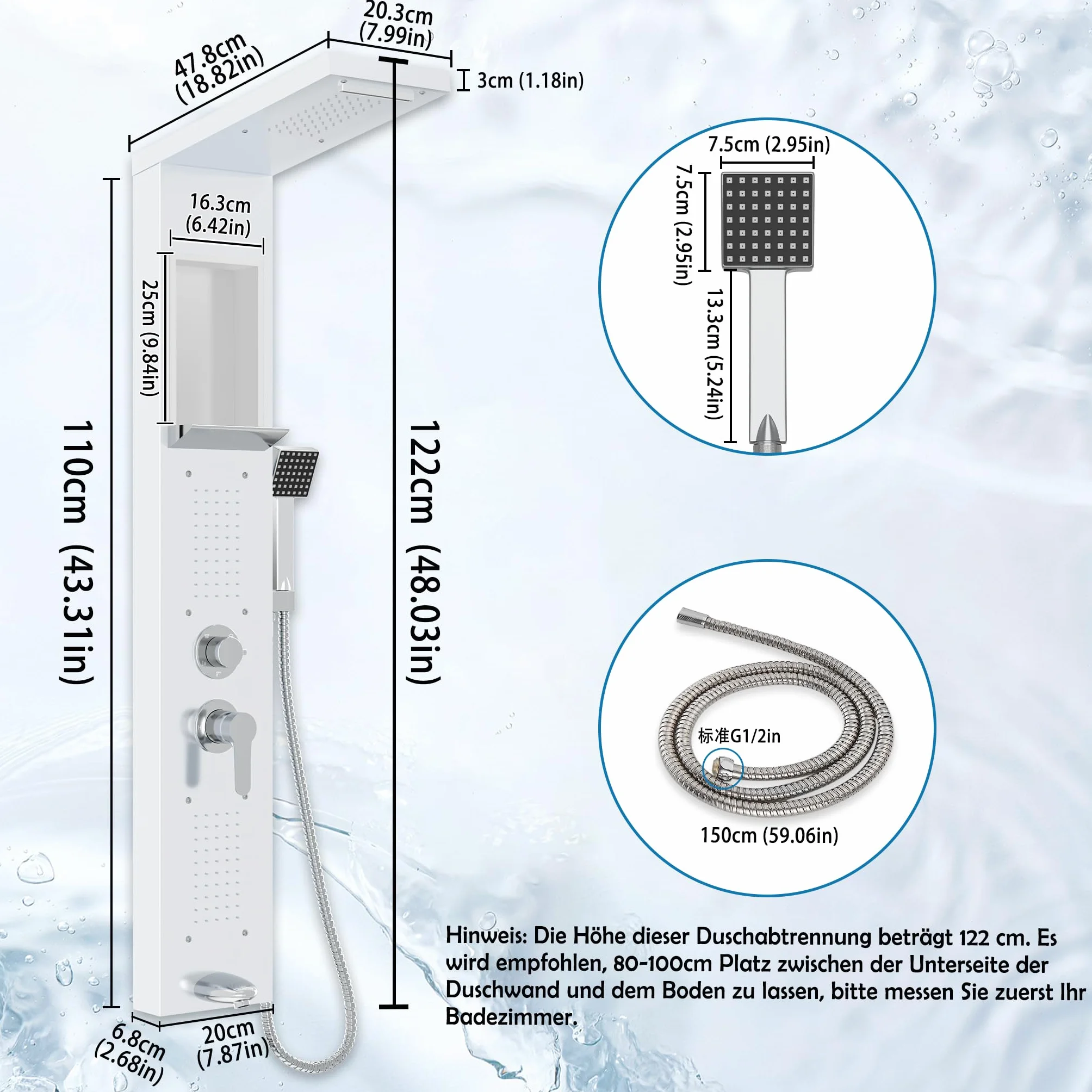 YUENFONG Pannello doccia 5 in 1 in acciaio inox, doccia multifunzione, con doccia a pioggia, cascata, massaggio alla schiena, doccetta, facile da montare a parete, bianco
