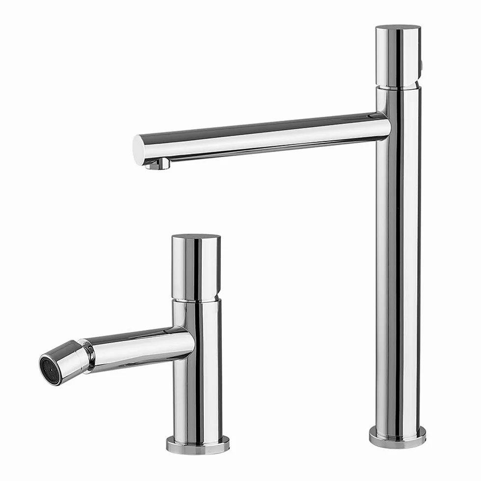 Set miscelatori lavabo alto e bidet cromo in acciaio inox, manopola rotante e indicatori per l’acqua, GEMINI