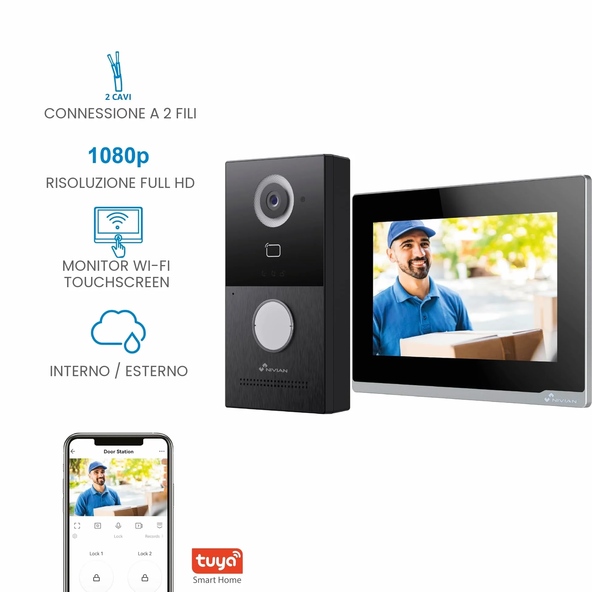 NIVIAN Videocitofono WiFi Intelligente Full HD con Monitor Touch 7", Installazione 2 Fili, Telecamera da Esterno 1080P IP65, Audio Bidirezionale, Registrazione MicroSD e Controllo Remoto App Tuya