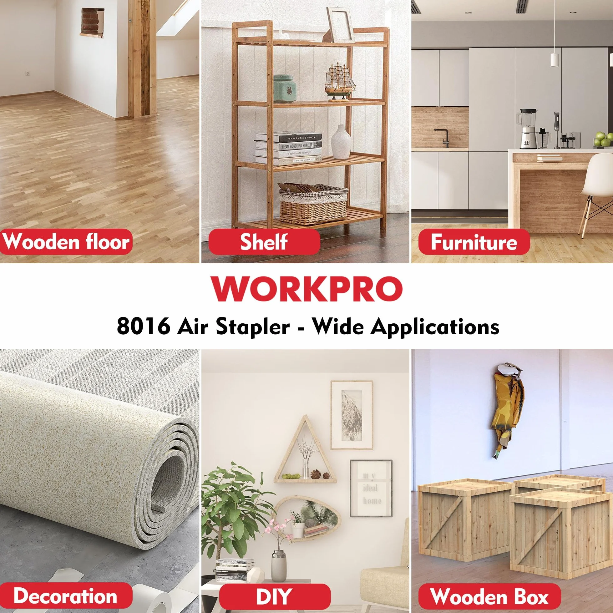 WORKPRO Chiodatrice Pneumatica 8016, Sparachiodi Aria Compressa con 1500 Graffette (6/10/16mm), Scarico Posteriore, Adatto per la Realizzazione di Mobili e Decorazioni (Solo adatto per Graffette)