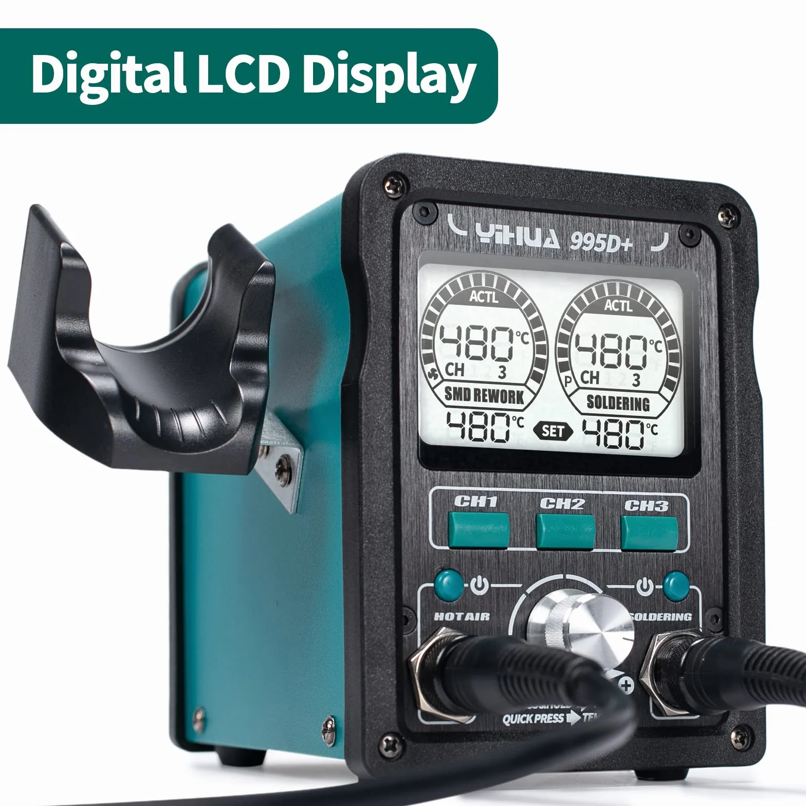 YIHUA 995D+ EVO Stazione di retraballaggio ad aria calda e stazione di saldatura 2-in-1 con display LCD dinamico con 3 punte per saldatura, 4 ugelli ad aria calda, pinzette e pompa di dissaldatura