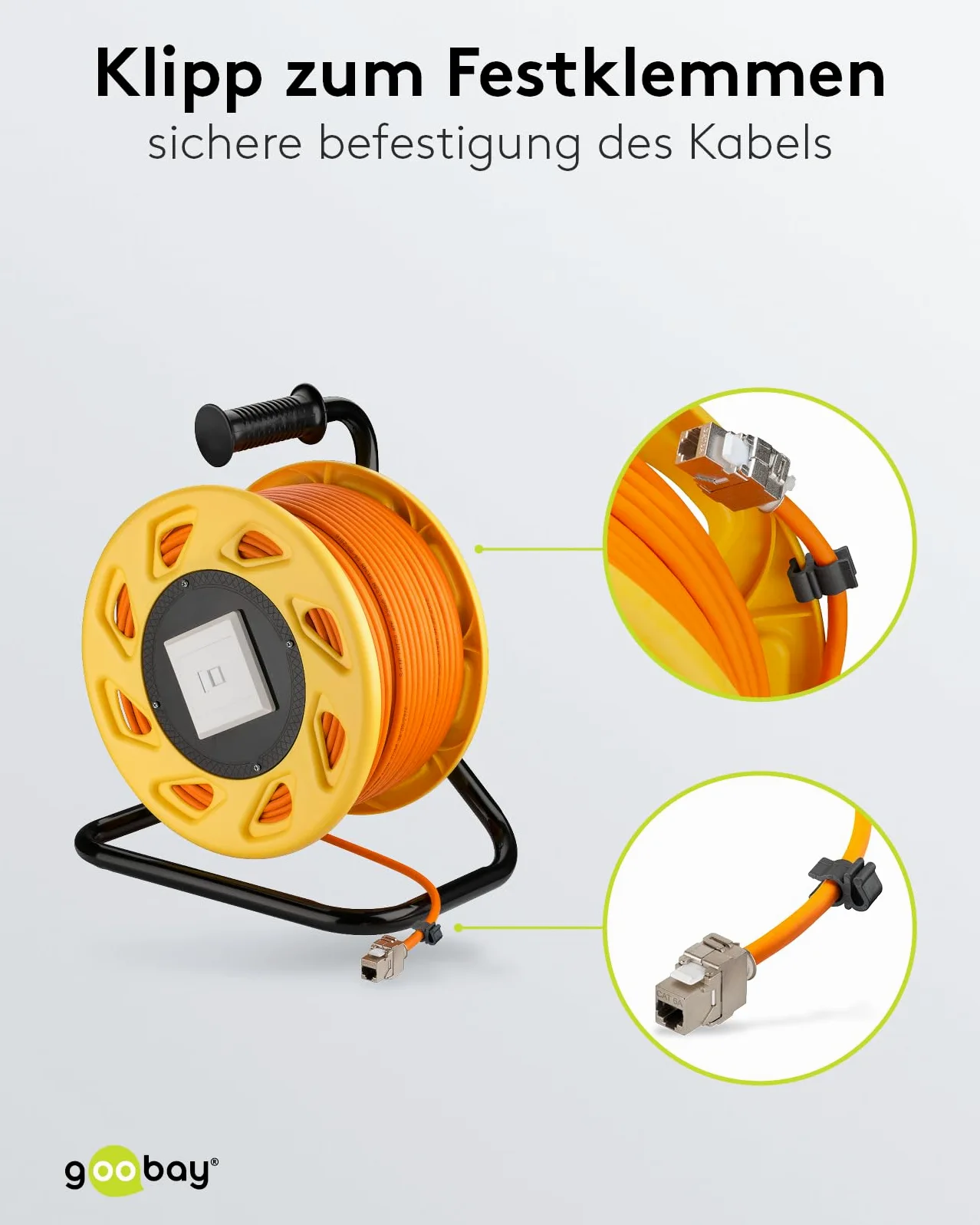 Goobay 58938 - Avvolgicavo di rete, 90 m, per esterni, Cat 7A, RJ45, Keystone, presa di rete, cavo di rete, prolunga 90 m, arancione