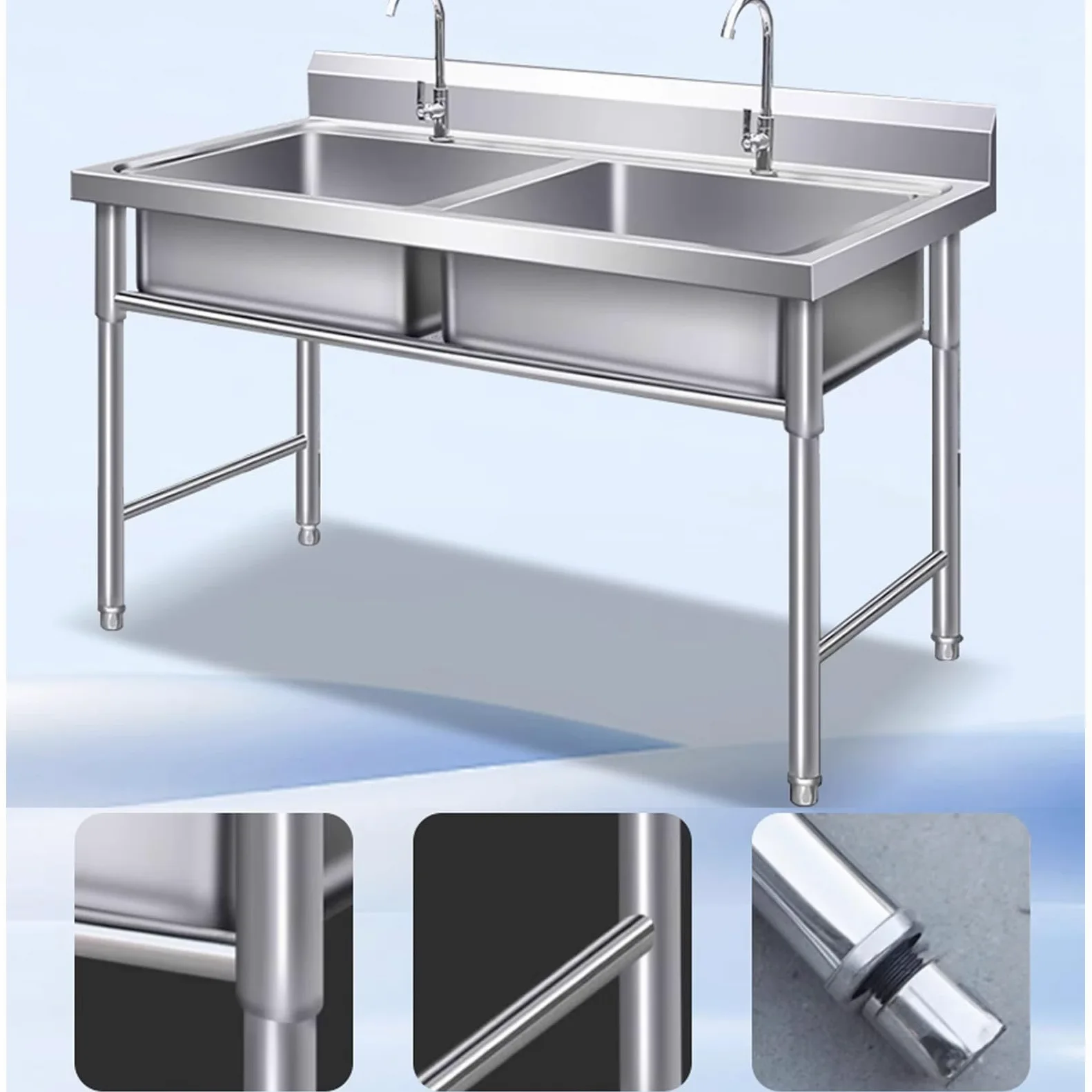 Lavandino Utilitario Grande a Doppio Vaso, Lavandino Commerciale in Acciaio Inox 304 per Lavaggio a Mano con Rubinetto per Acqua Fredda per Esterni, Garage, Lavanderia, Giardino 100cmx50cmx80cm
