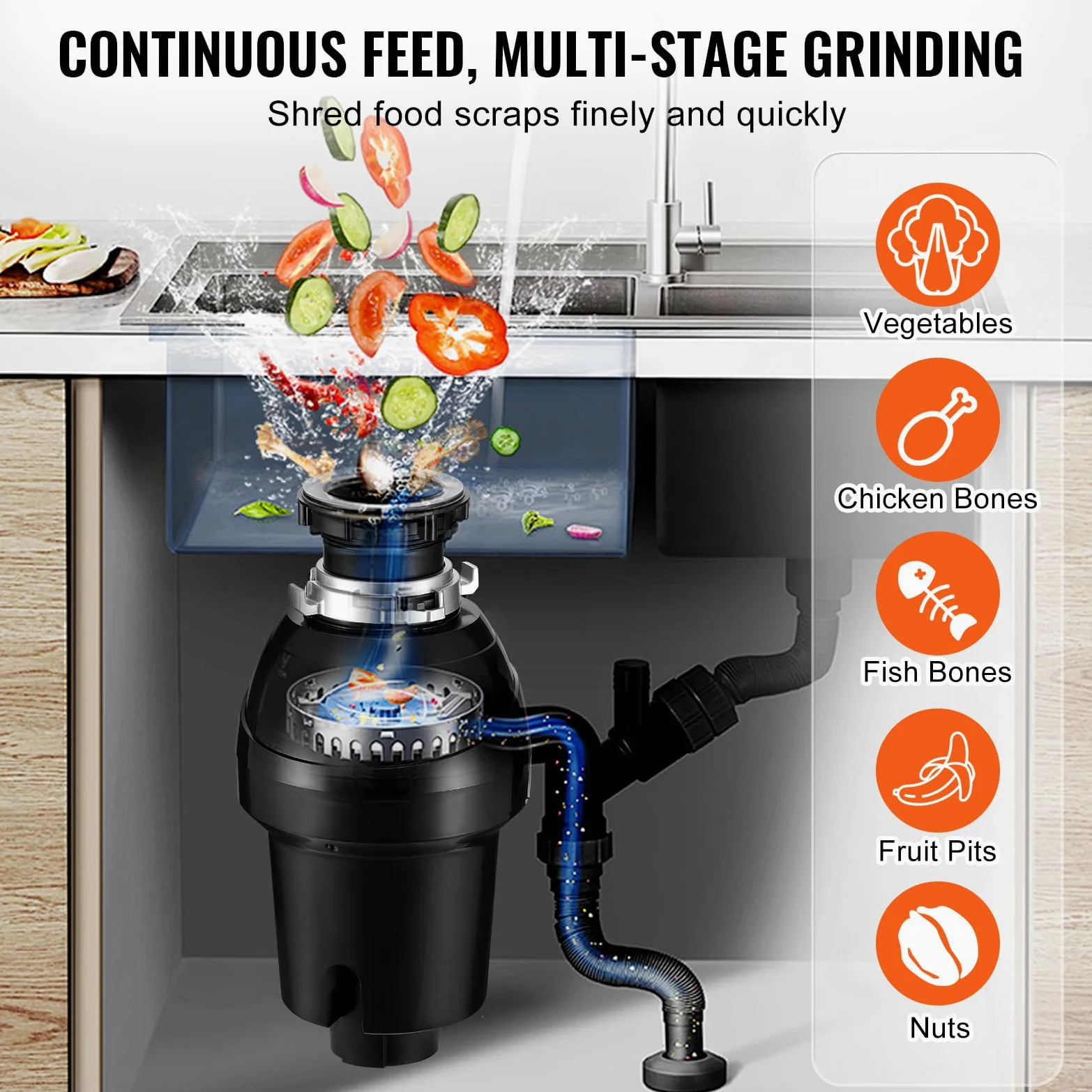VEVOR Tritarifiuti per Lavello da Cucina, 0,74 kW, Sistema di Smaltimento Rifiuti Alimentari in Acciaio Inox, Motore CC, Supporto EZ, 3960 giri/min, con Cavo di Alimentazione, Paraspruzzi per la Casa