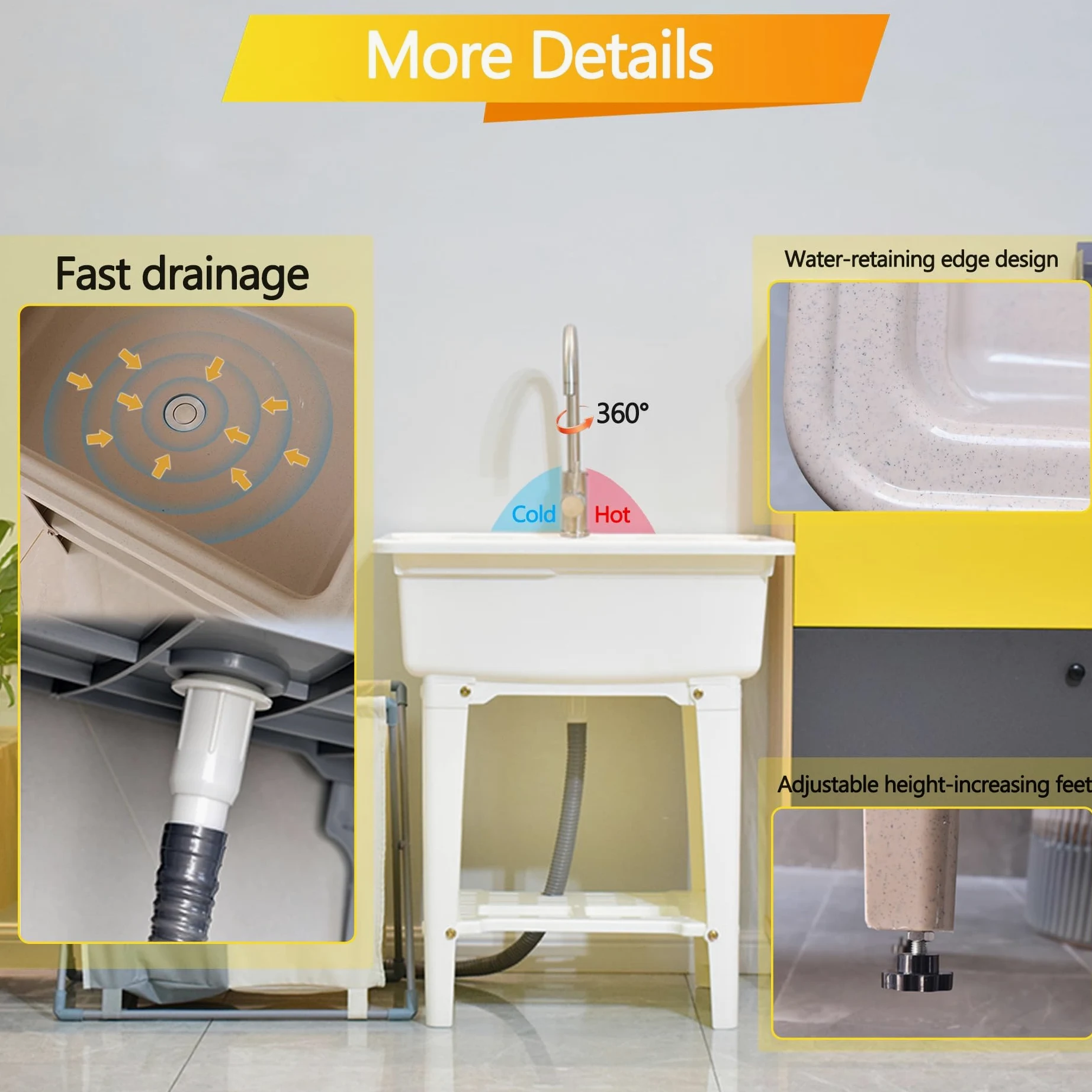 Lavello da Esterno Autoportante 80x58x80cm, Lavandino Lavanderia in Plastica con Rubinetto e Ripiano, Lavabo Portatile per Giardino e Campeggio, Grigio