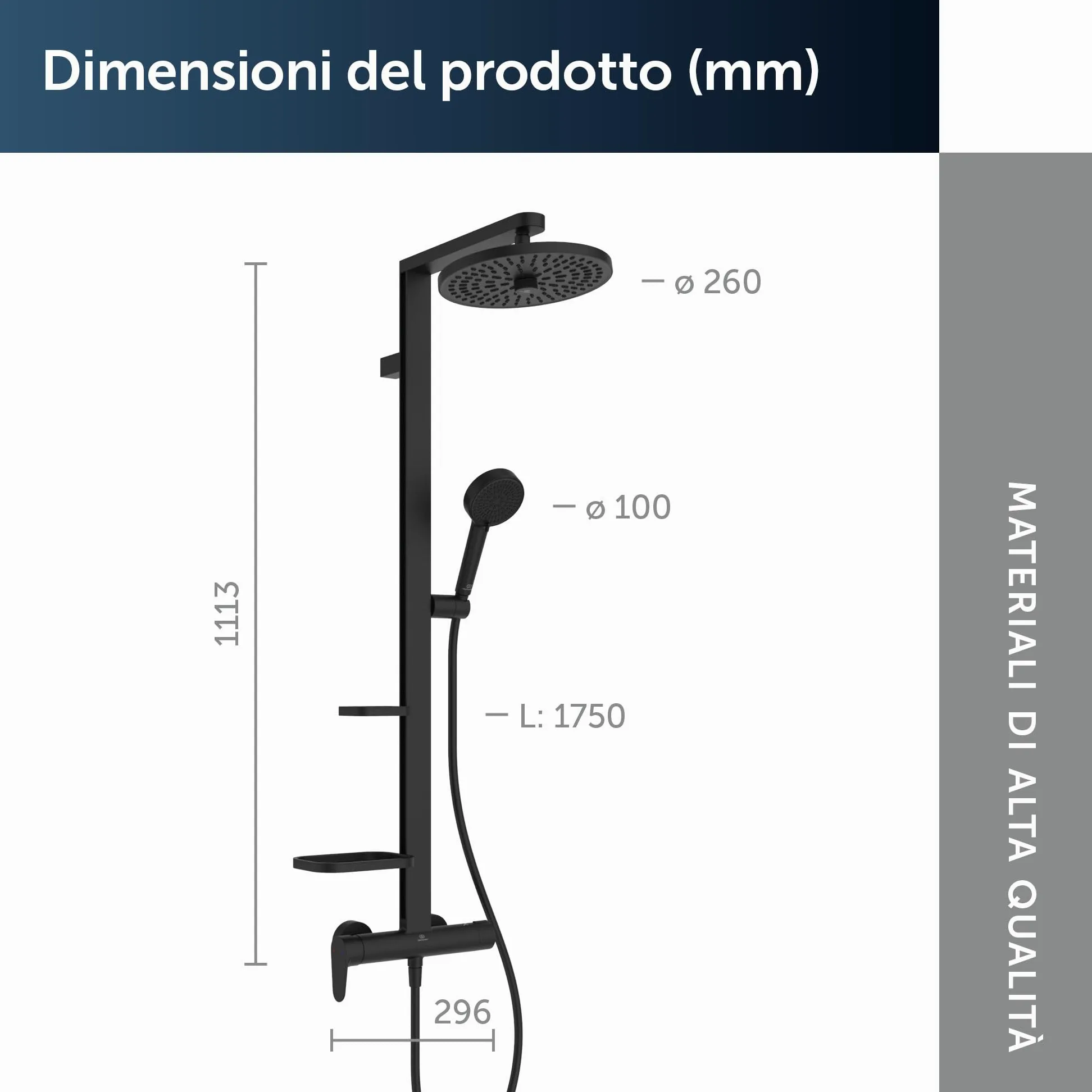 Ideal Standard Ceraflow Alu+ Colonna doccia, Realizzato con l'100% di alluminio riciclato, doccia a risparmio idrico con getti variabili e protezione antiscottatura – Nero Opaco (356x501x1113 mm)