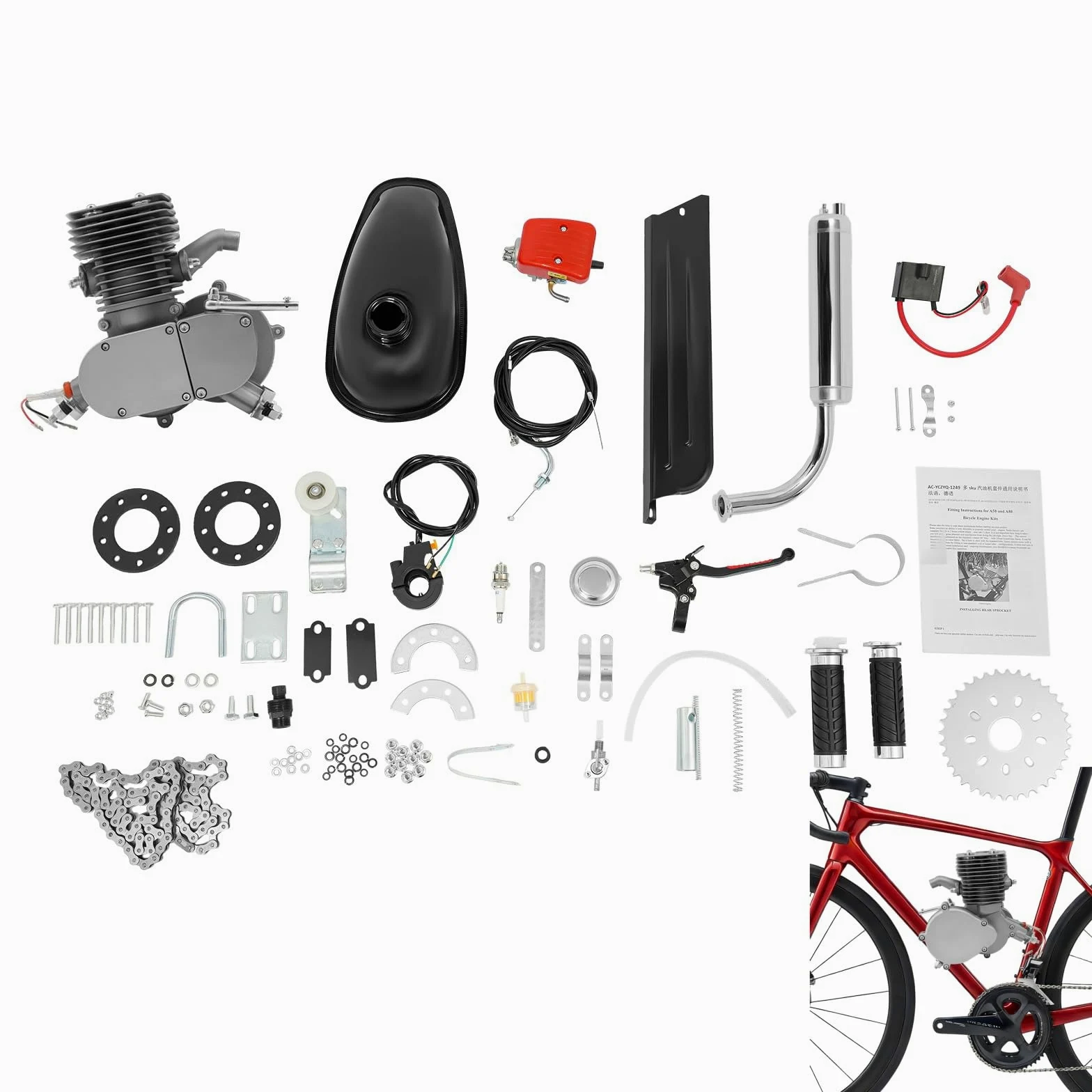 Kit motore per bicicletta 100cc 2 tempi, kit di conversione motore a benzina con accensione CDI, monocilindrico raffreddato ad aria, per telaio V da 26/28 pollici, motorizzazione fai-da-te per
